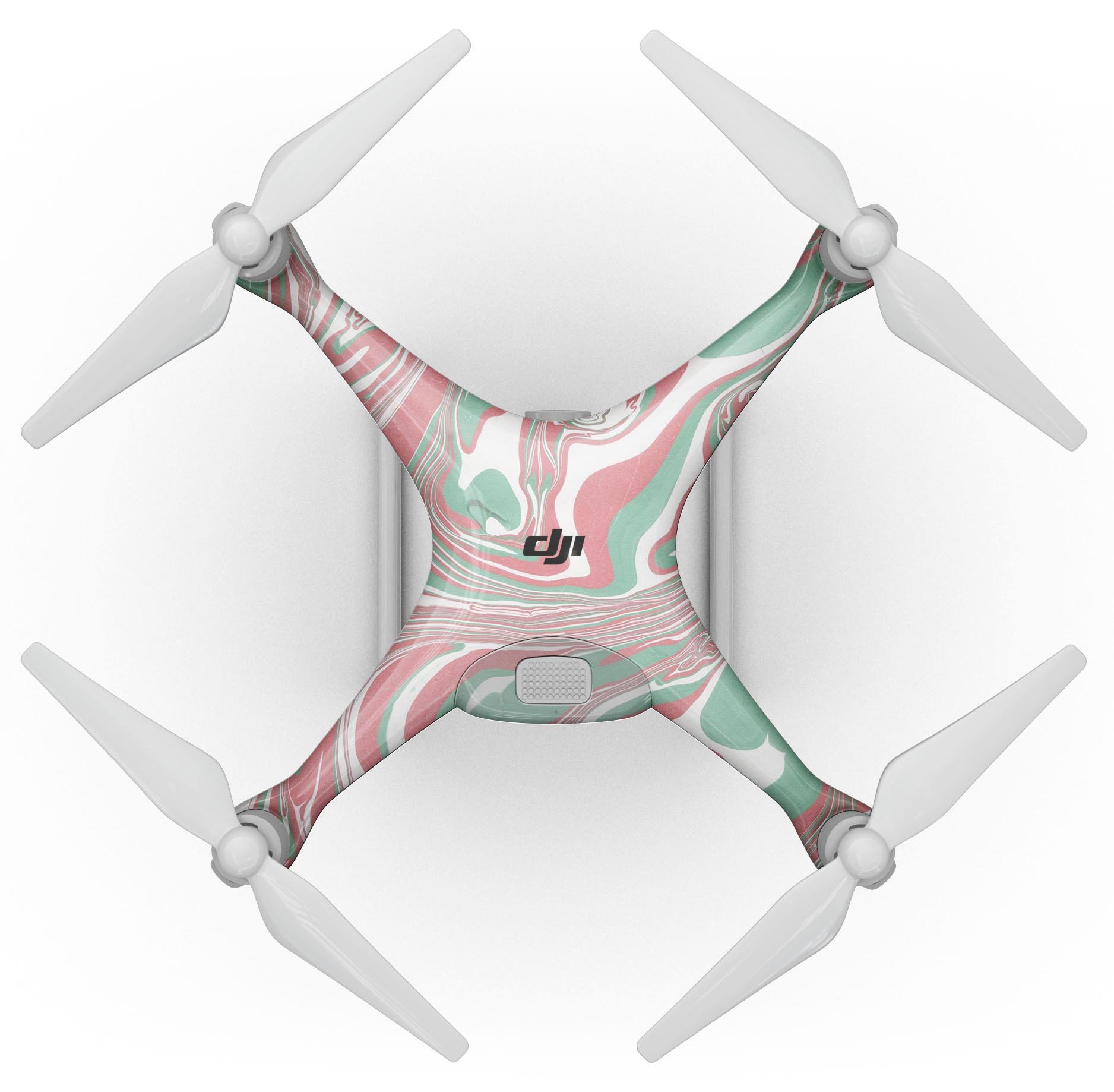 Marbleized Swirling Pink and Green Full-Body Skin Kit for DJI Phantom 4 Drone, showcasing vibrant colors and unique design.