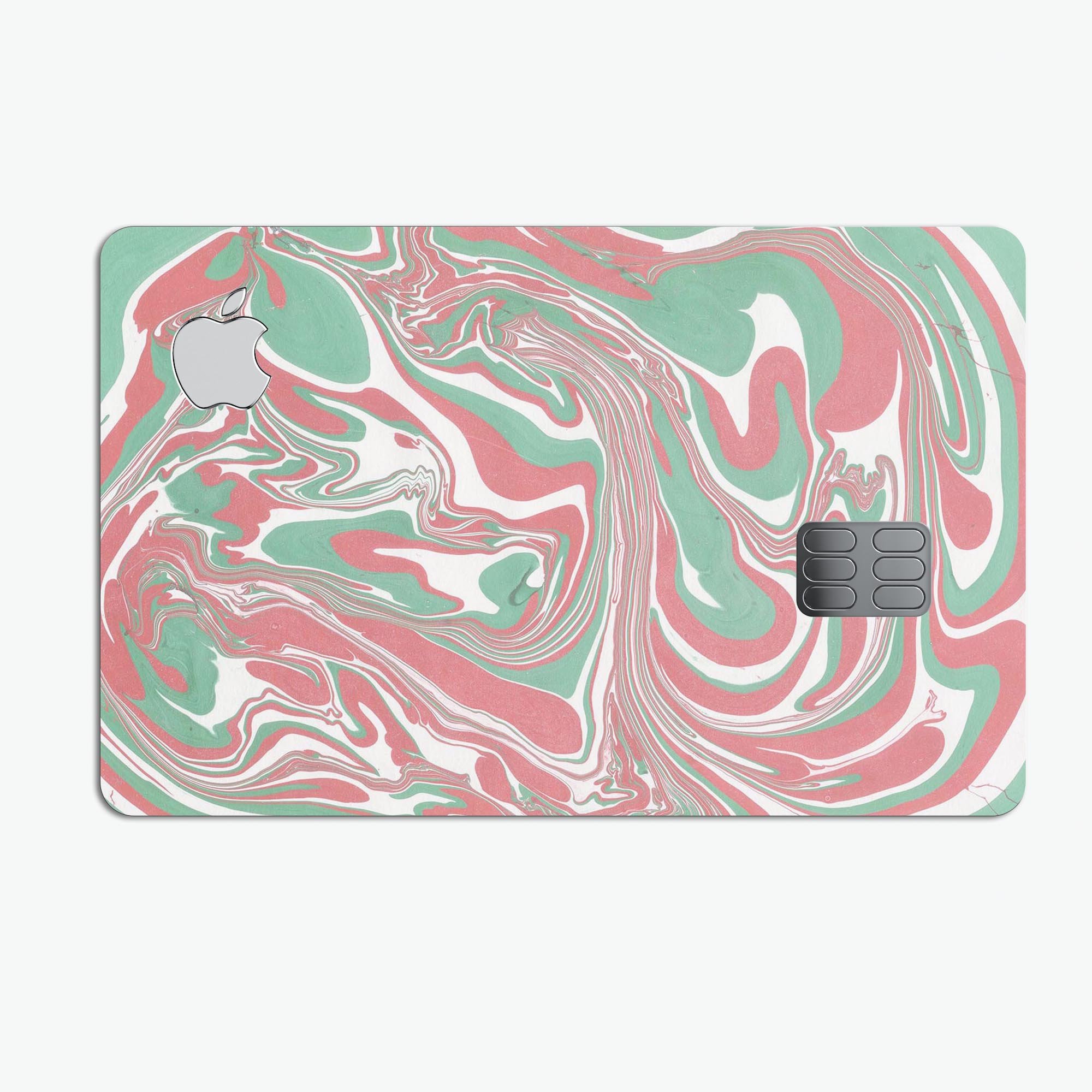 Marbleized Swirling Pink and Green decal skin for Apple Card, showcasing vibrant colors and a protective design.