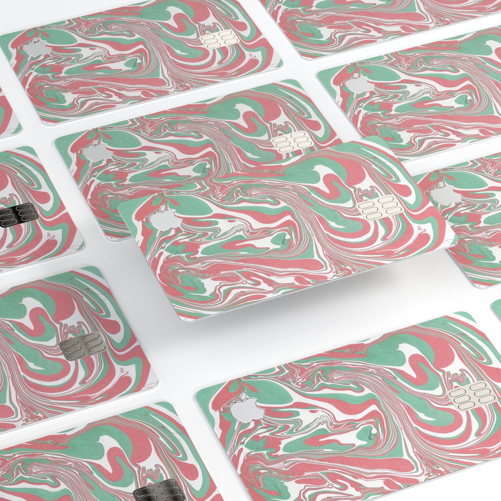 Marbleized Swirling Pink and Green decal skin for Apple Card, showcasing vibrant colors and a protective design.