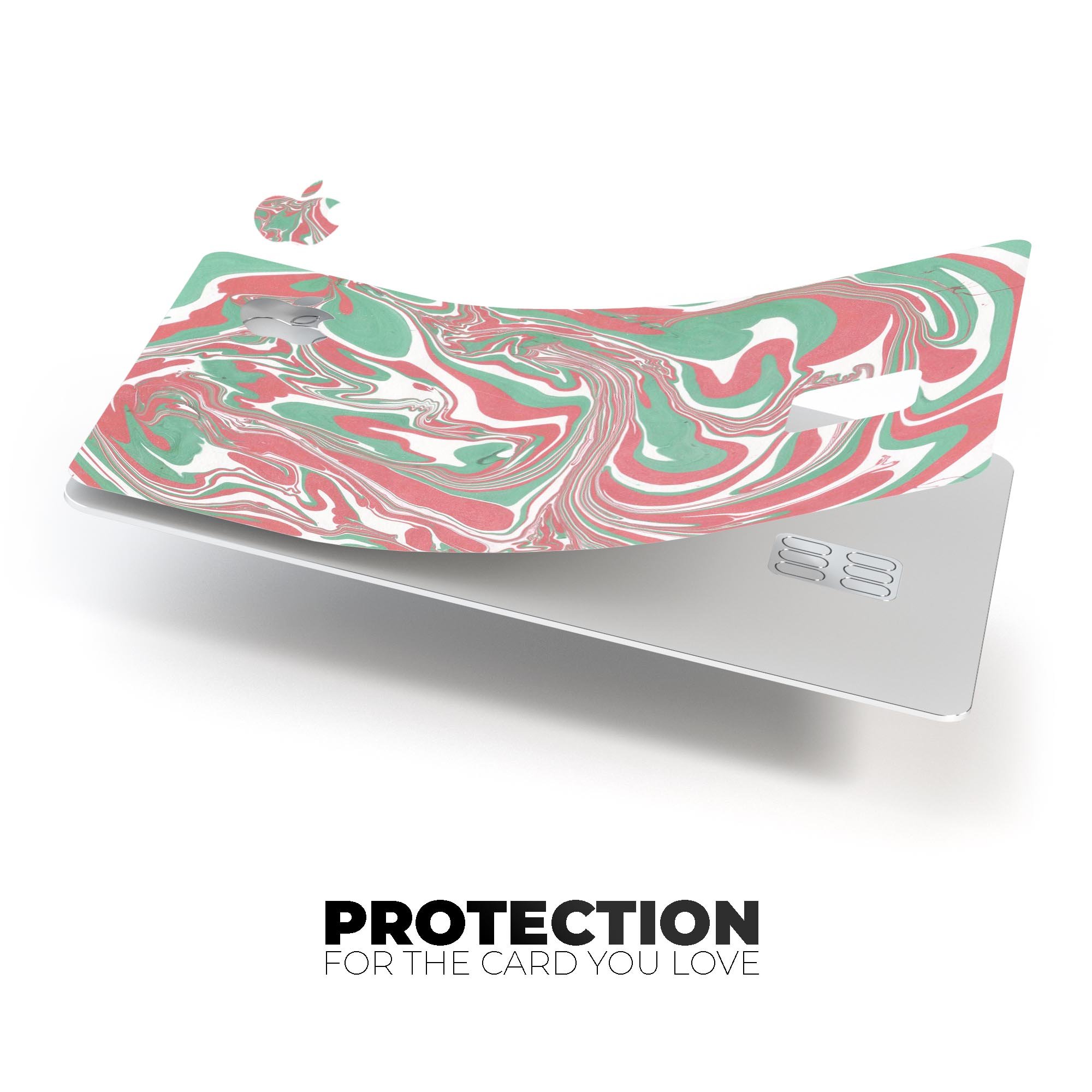 Marbleized Swirling Pink and Green decal skin for Apple Card, showcasing vibrant colors and a protective design.