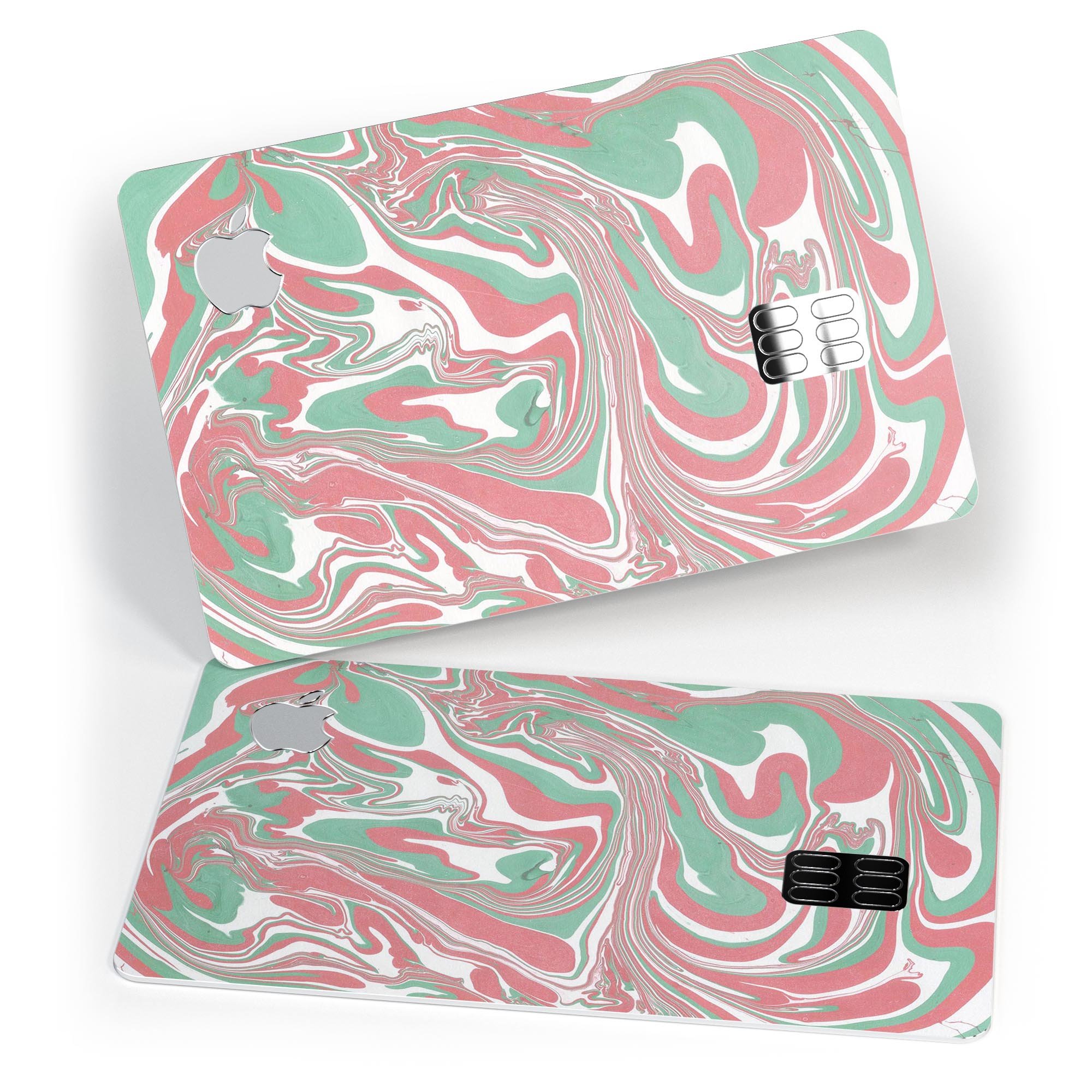 Marbleized Swirling Pink and Green decal skin for Apple Card, showcasing vibrant colors and a protective design.