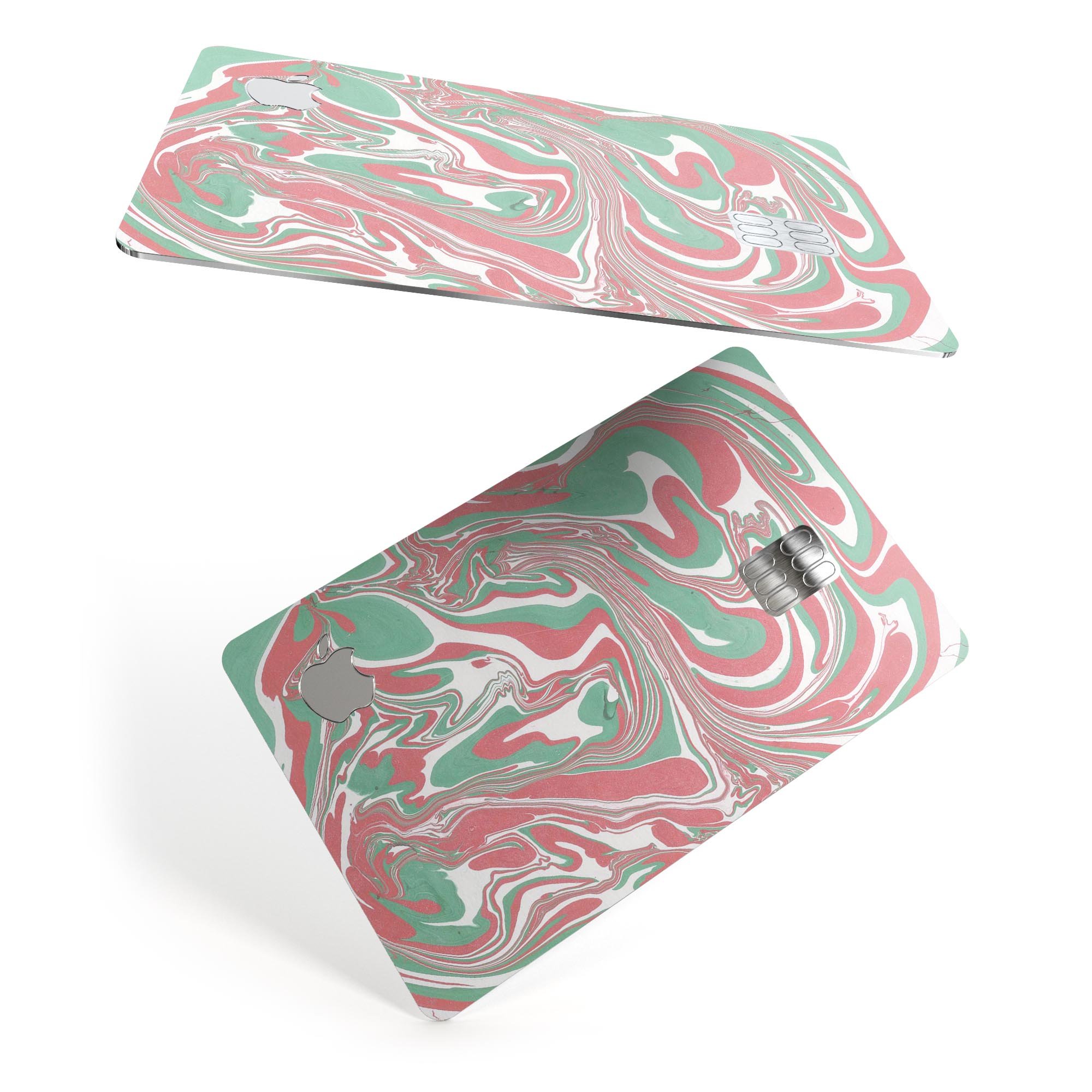 Marbleized Swirling Pink and Green decal skin for Apple Card, showcasing vibrant colors and a protective design.