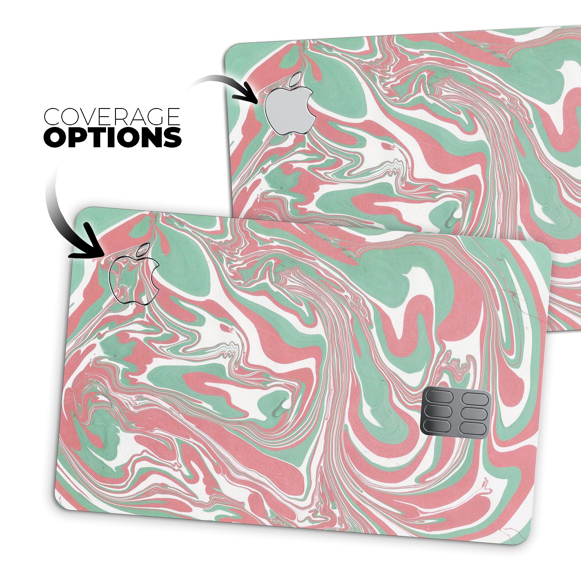 Marbleized Swirling Pink and Green decal skin for Apple Card, showcasing vibrant colors and a protective design.