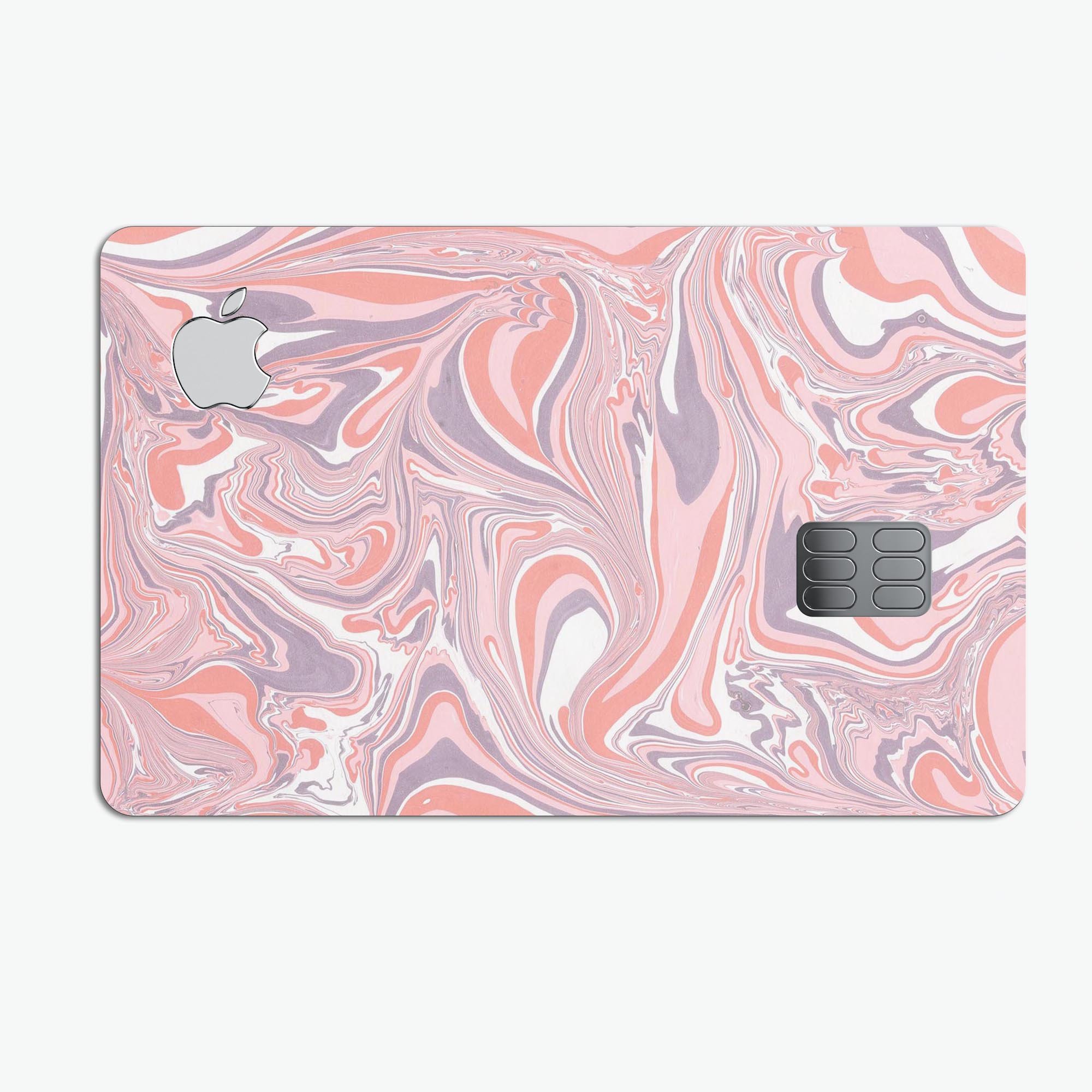 Marbleized Swirling Pink and Purple Premium Protective Decal for Apple Card, showcasing vibrant colors and a sleek design.