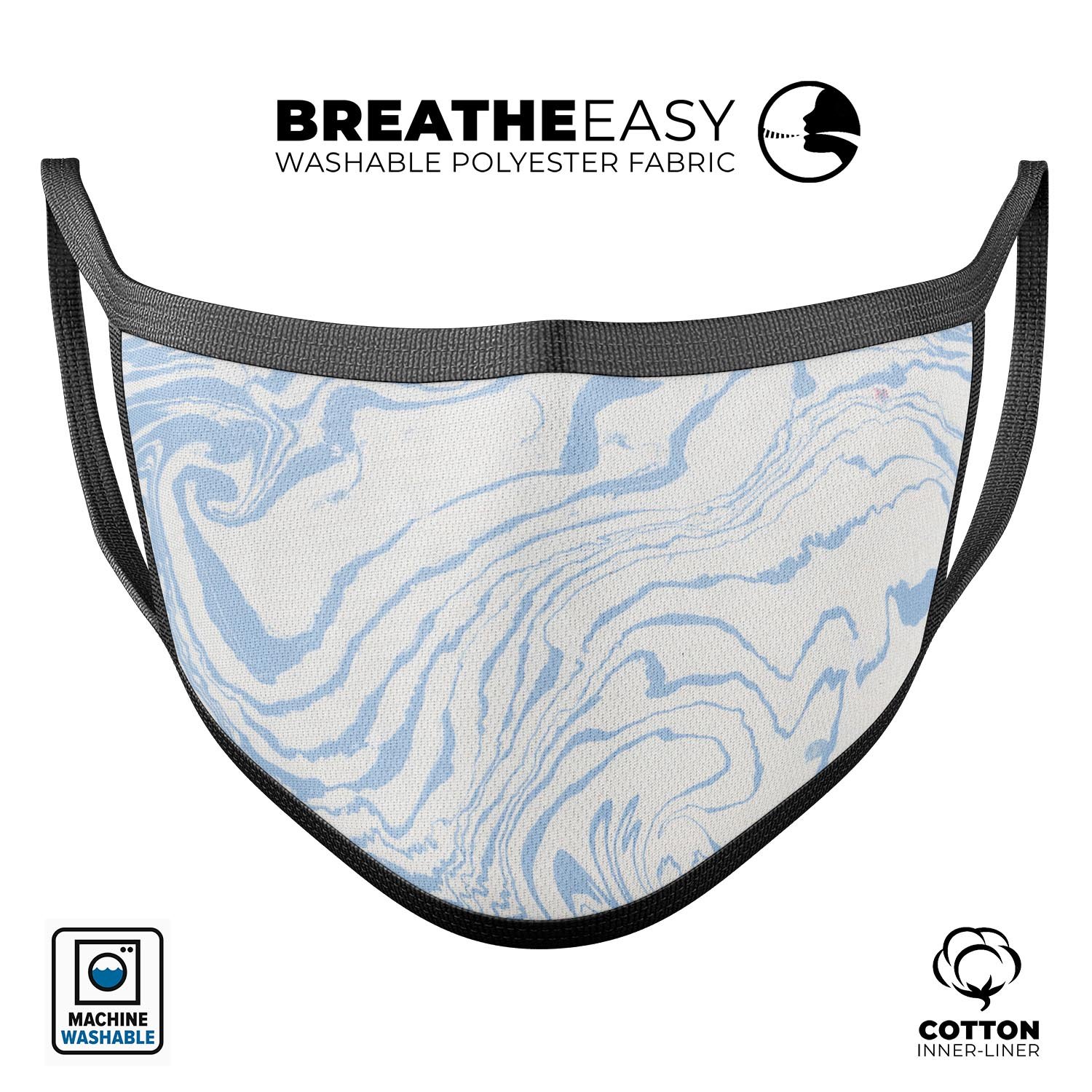 Marbleized Swirling Soft Blue mouth cover, a stylish and comfortable unisex face mask made in the USA, featuring adjustable ear loops.