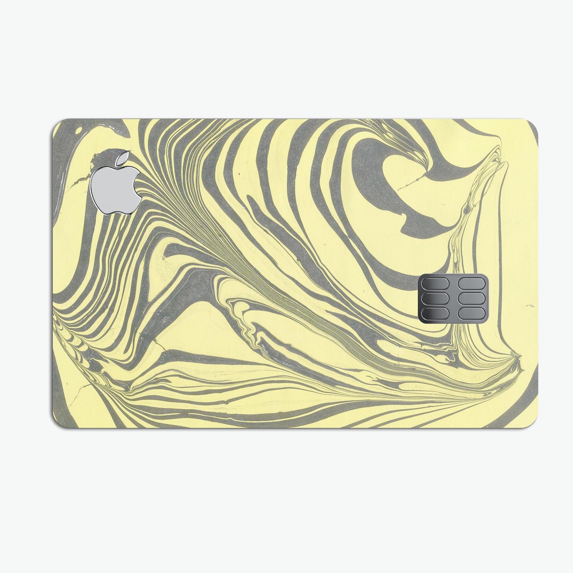 Marbleized Swirling Yellow and Gray Premium Protective Decal for Apple Card, showcasing its vibrant colors and sleek design.