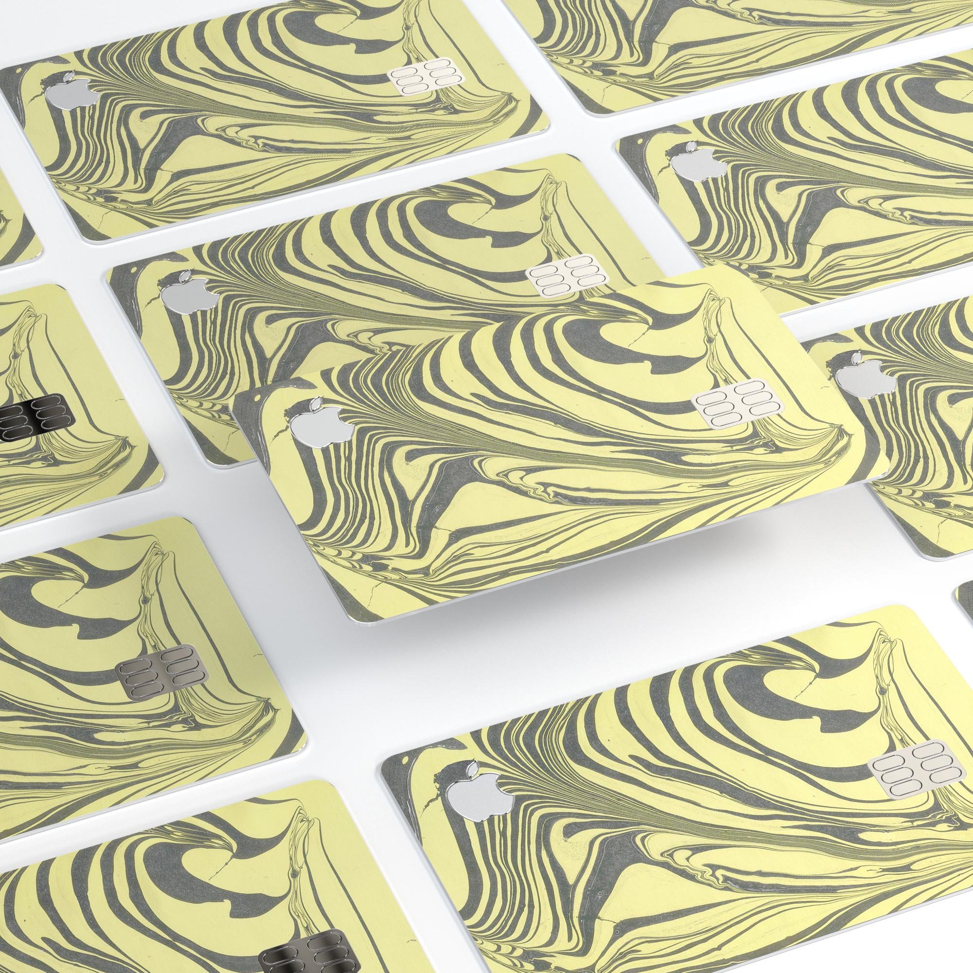 Marbleized Swirling Yellow and Gray Premium Protective Decal for Apple Card, showcasing its vibrant colors and sleek design.