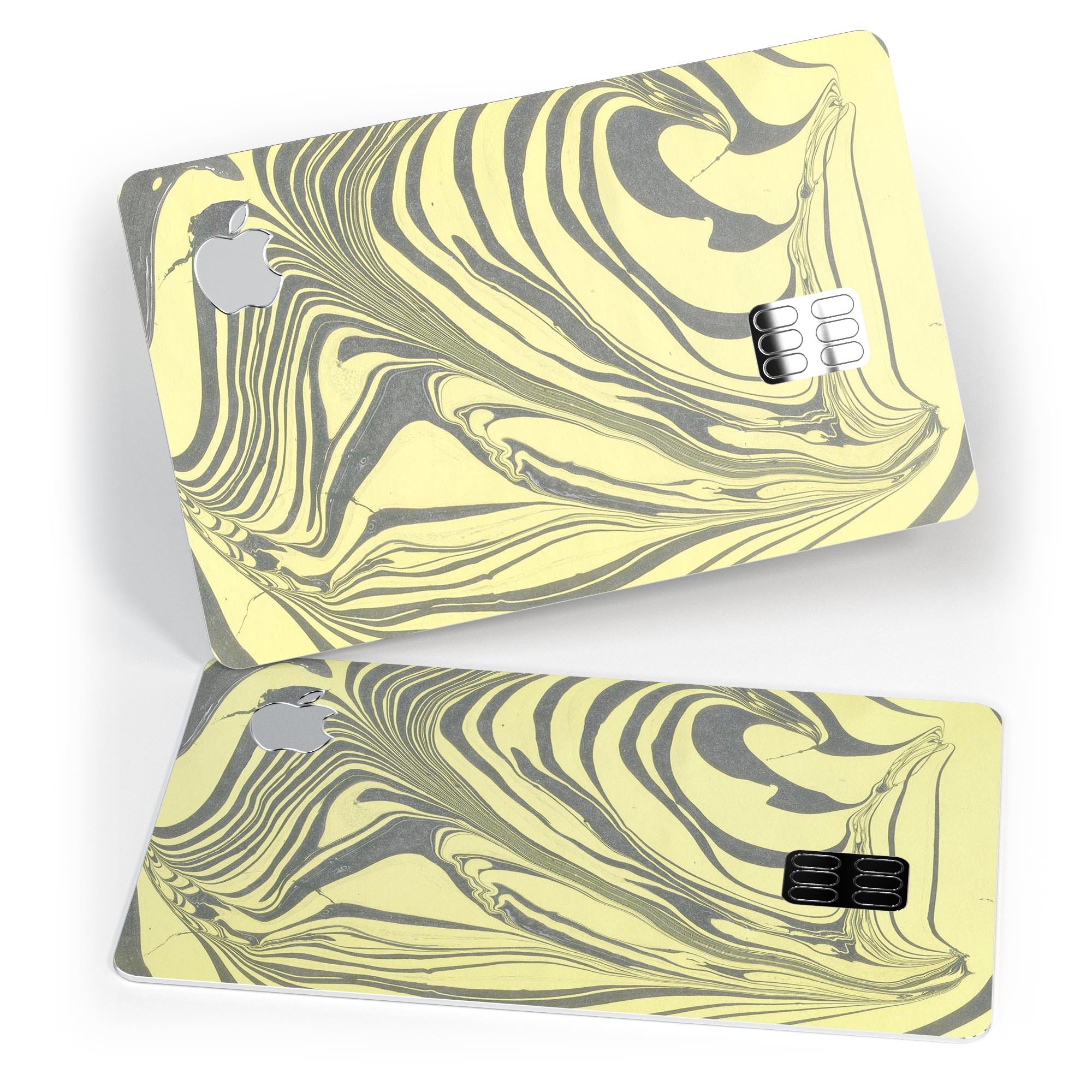 Marbleized Swirling Yellow and Gray Premium Protective Decal for Apple Card, showcasing its vibrant colors and sleek design.