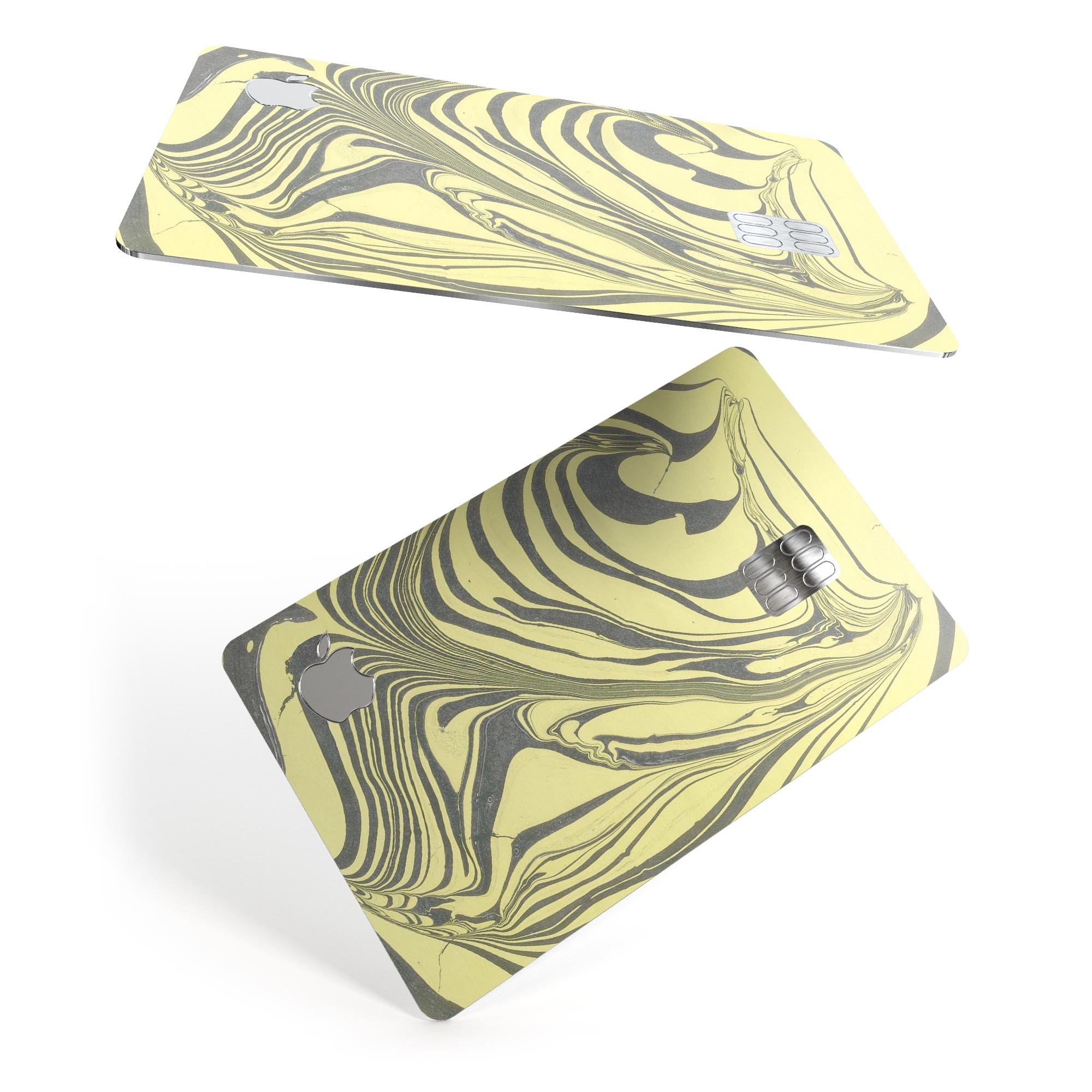 Marbleized Swirling Yellow and Gray Premium Protective Decal for Apple Card, showcasing its vibrant colors and sleek design.