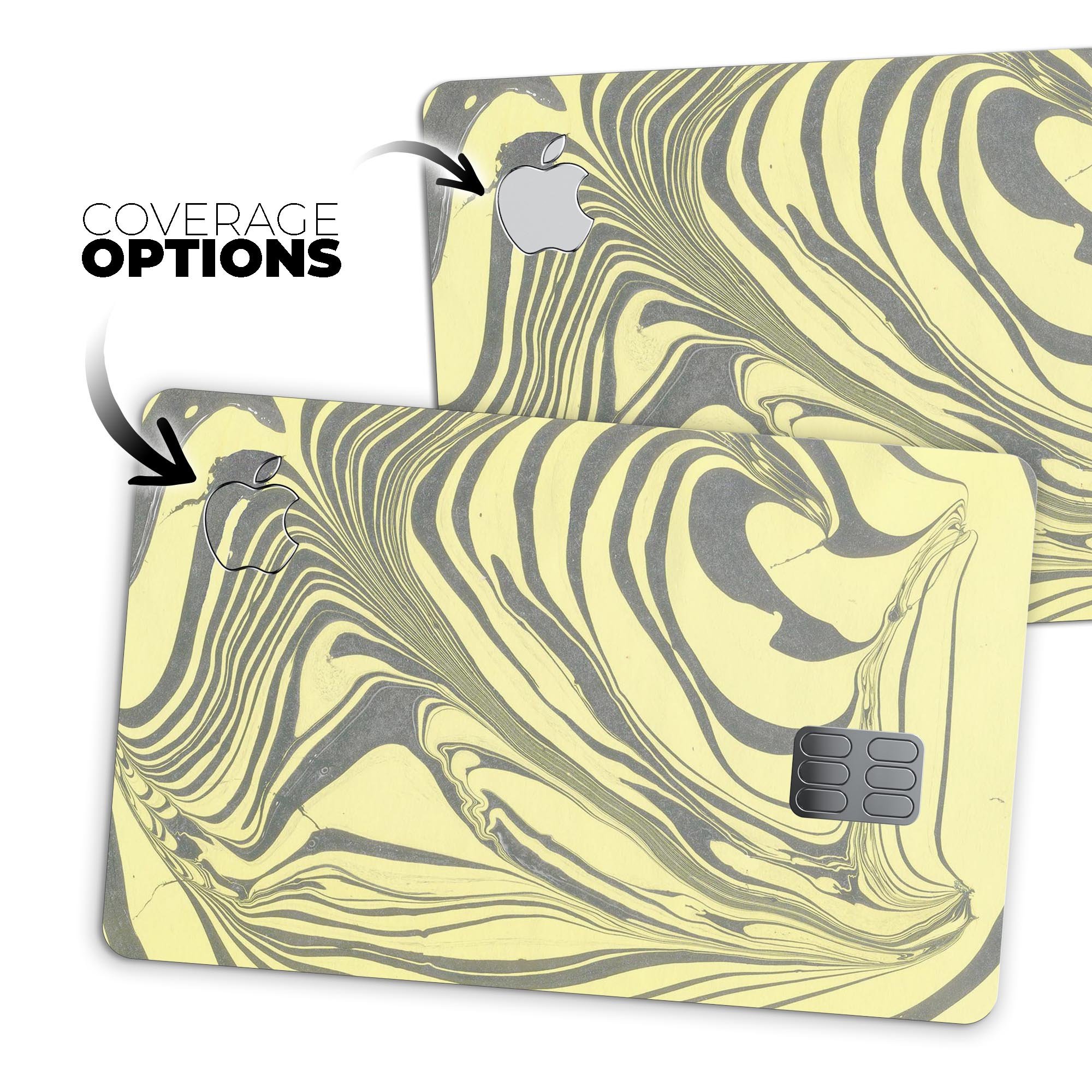 Marbleized Swirling Yellow and Gray Premium Protective Decal for Apple Card, showcasing its vibrant colors and sleek design.