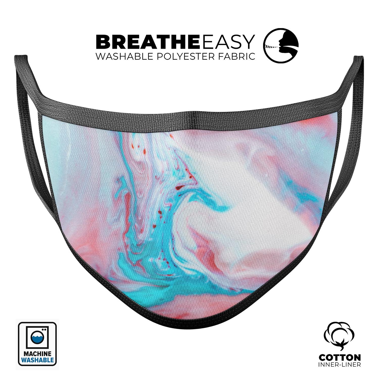 Marbleized Teal and Pink V2 mouth cover, showcasing a vibrant design with adjustable ear loops, made in the USA.