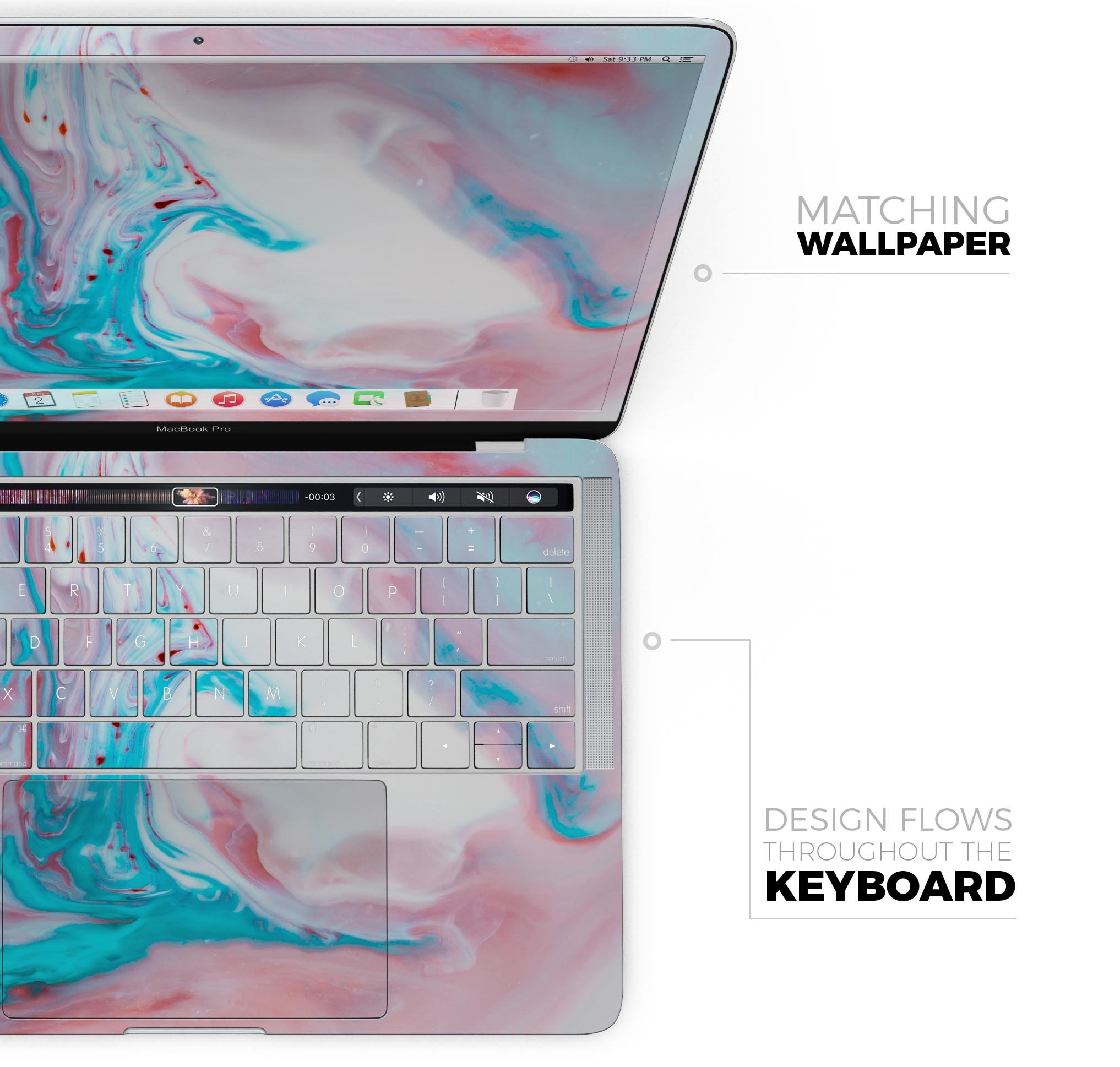 Marbleized Teal and Pink V2 skin decal wrap kit for MacBook, showcasing vibrant colors and a unique marble pattern.