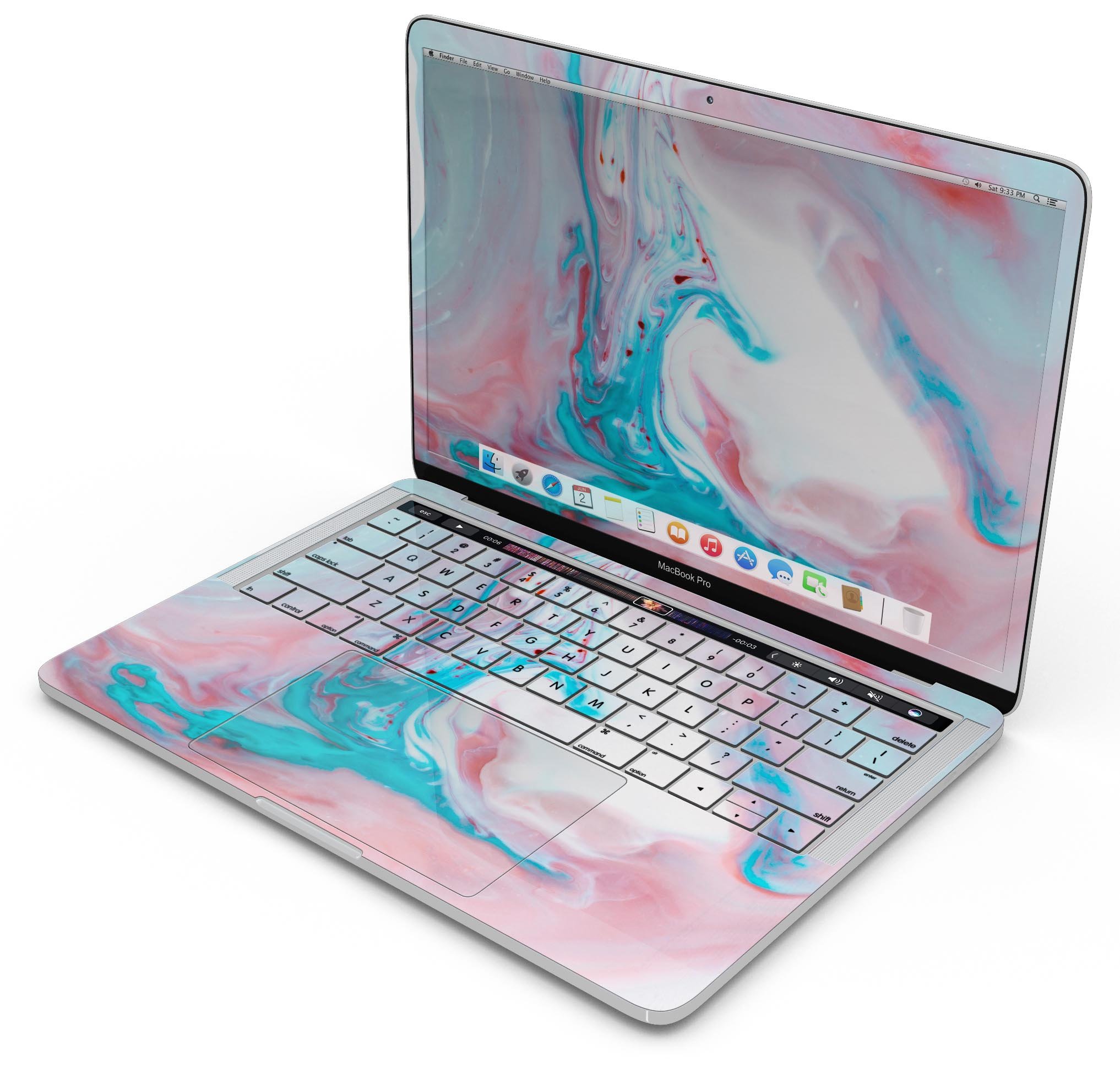 Marbleized Teal and Pink V2 skin decal wrap kit for MacBook, showcasing vibrant colors and a unique marble pattern.