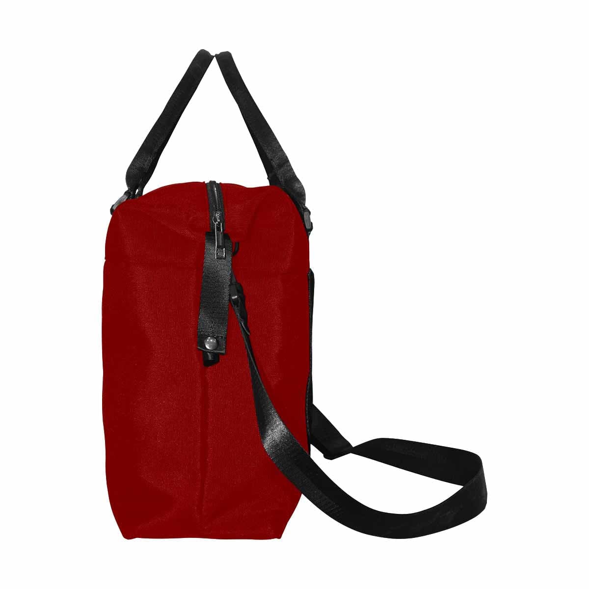 Large maroon red duffel bag made from durable oxford fabric, featuring handles and an adjustable strap for comfortable carrying.