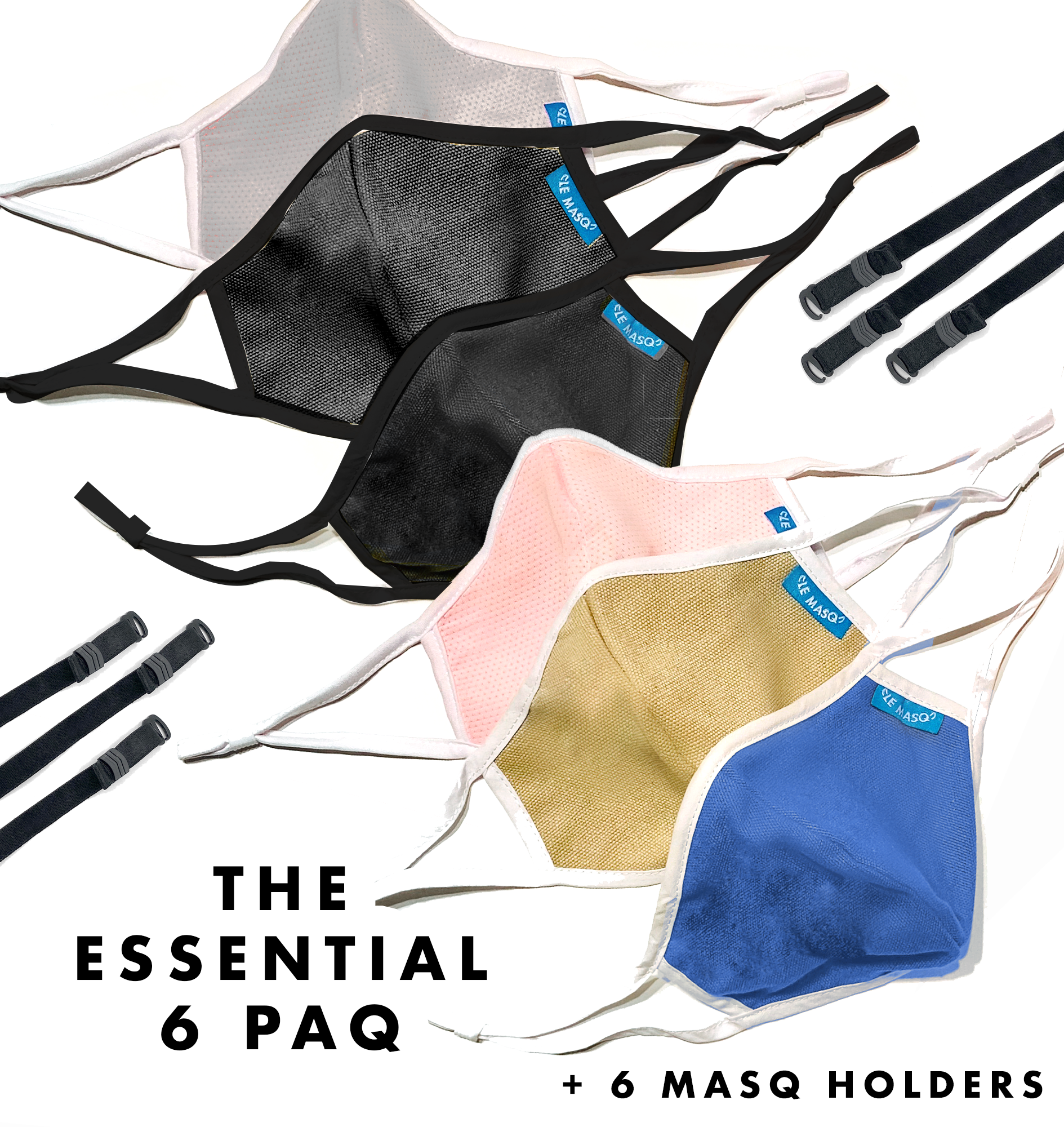 MASQ-95 Essential 6 Pack featuring cotton-lined, adjustable 5-layer masks in various colors with a unique mask holder.