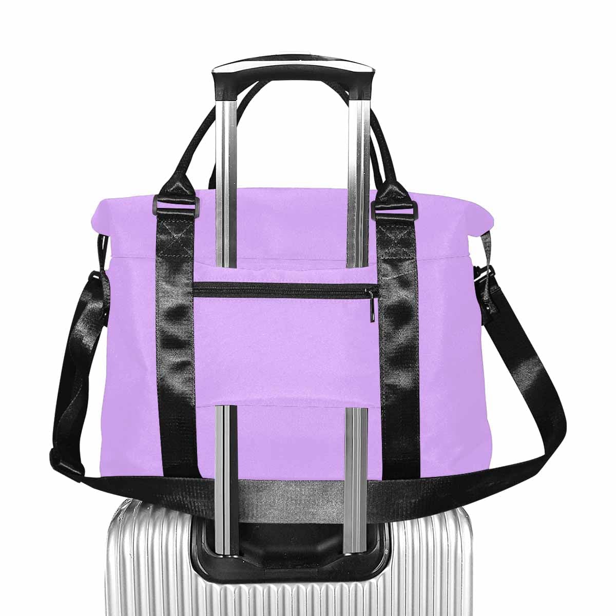 Large mauve purple duffel bag made from durable oxford fabric, featuring handles and an adjustable strap.