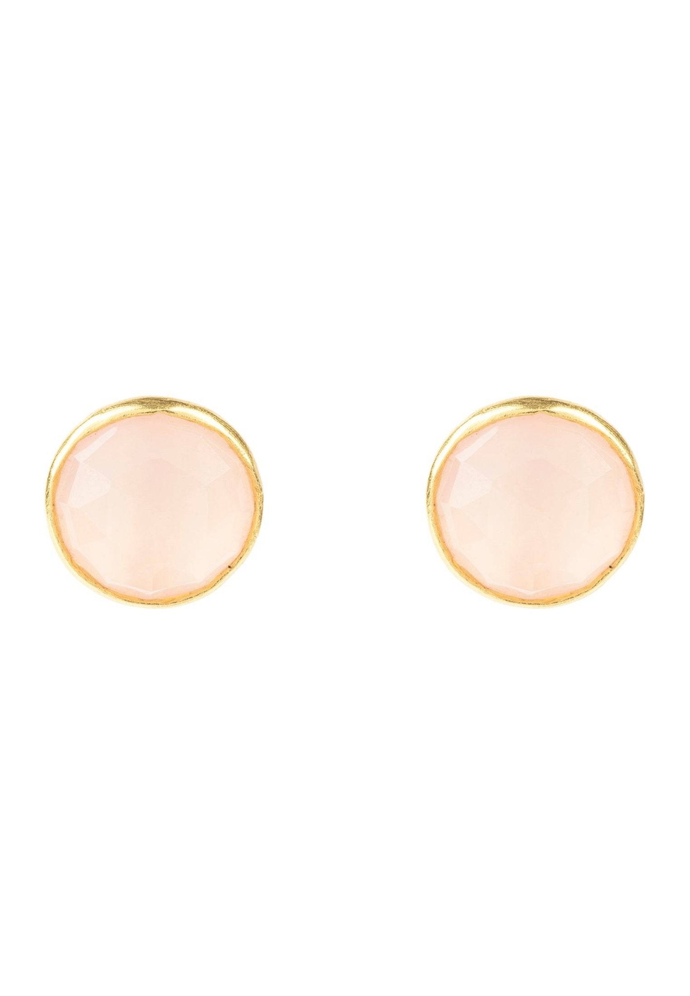 Elegant Medium Circle Gemstone Earrings in Gold featuring pink rose quartz stones, hand set in sterling silver with a gold dip.