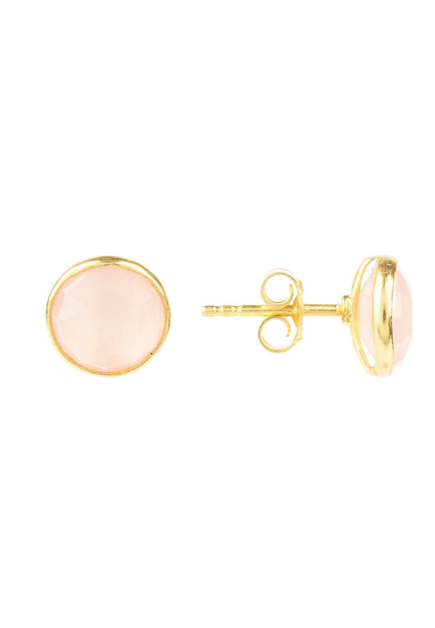 Elegant Medium Circle Gemstone Earrings in Gold featuring pink rose quartz stones, hand set in sterling silver with a gold dip.