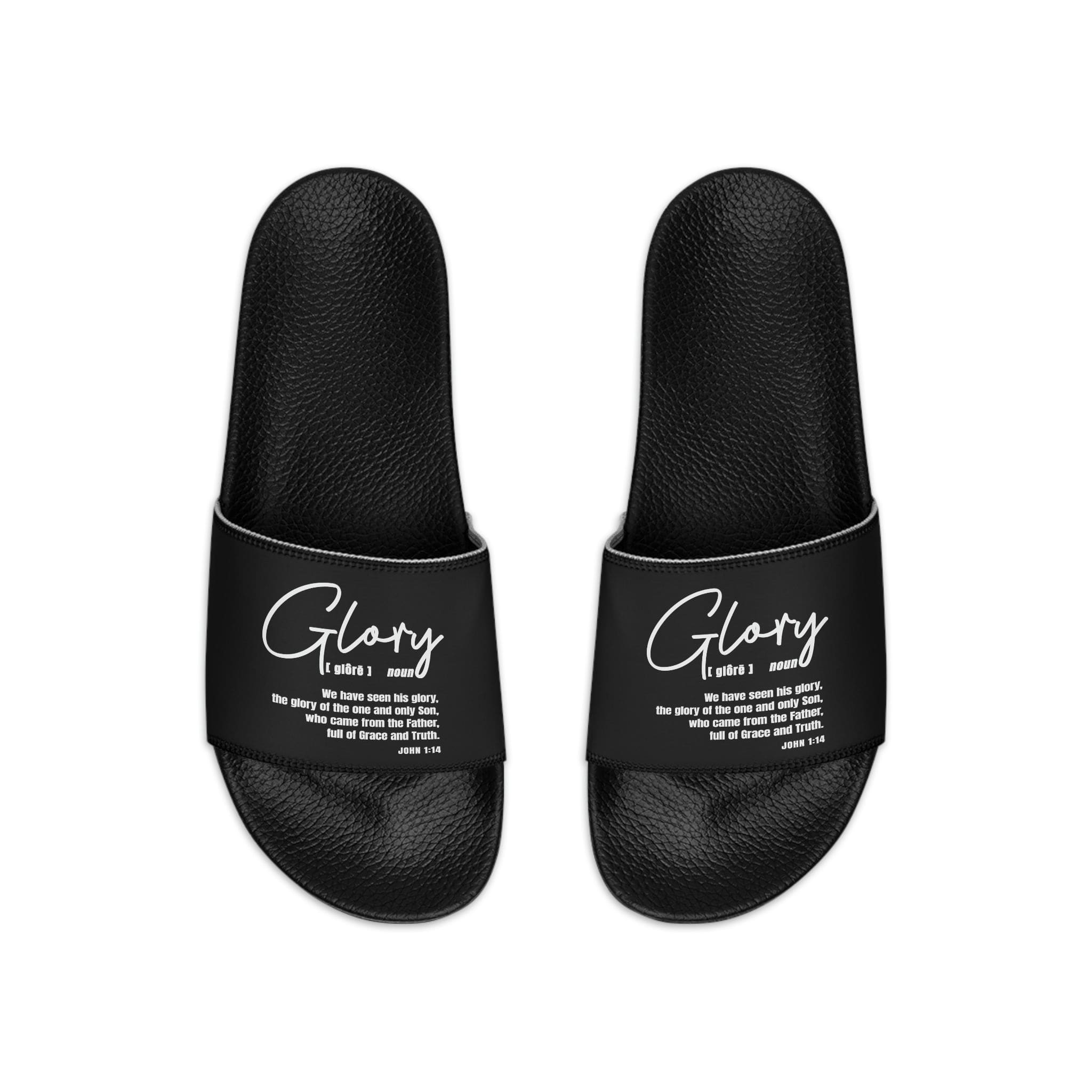 Men's black slide sandals featuring a comfortable slip-on design with a Christian inspirational touch, perfect for casual wear.