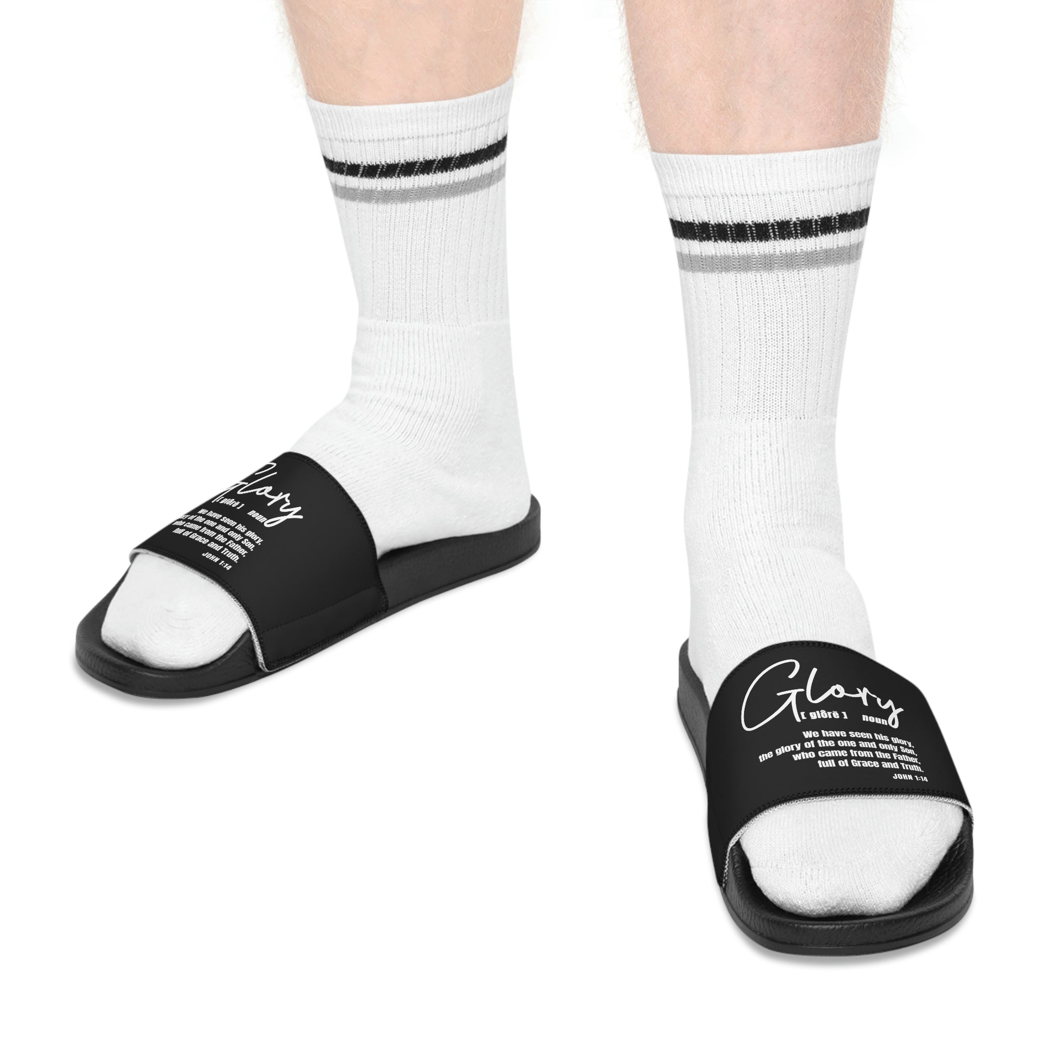 Men's black slide sandals featuring a comfortable slip-on design with a Christian inspirational touch, perfect for casual wear.