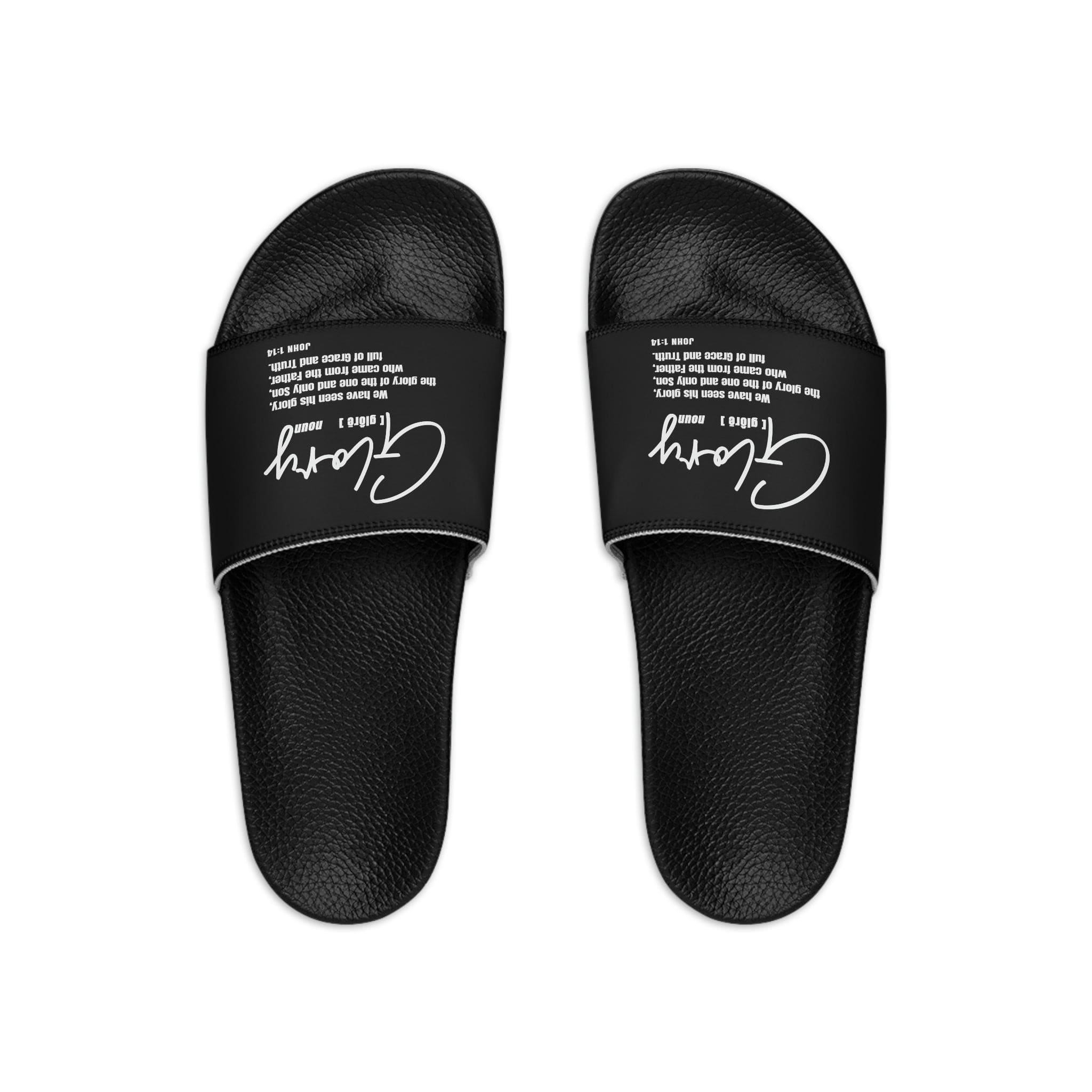 Men's black slide sandals featuring a comfortable slip-on design with a Christian inspirational touch, perfect for casual wear.