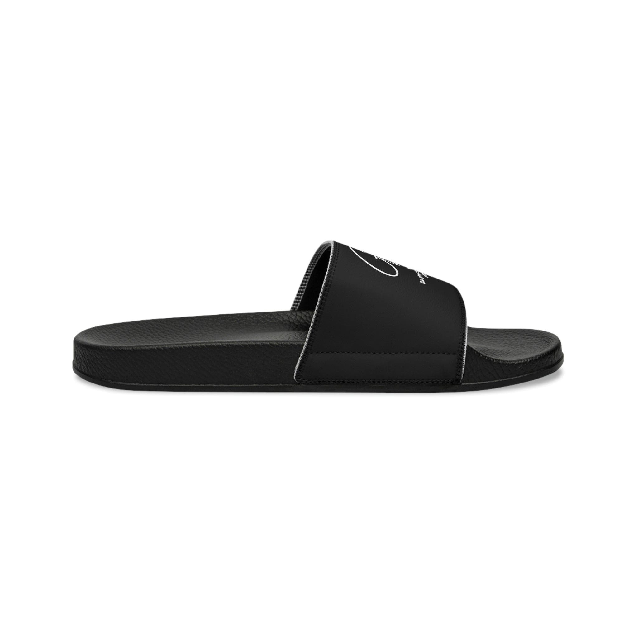 Men's black slide sandals featuring a comfortable slip-on design with a Christian inspirational touch, perfect for casual wear.