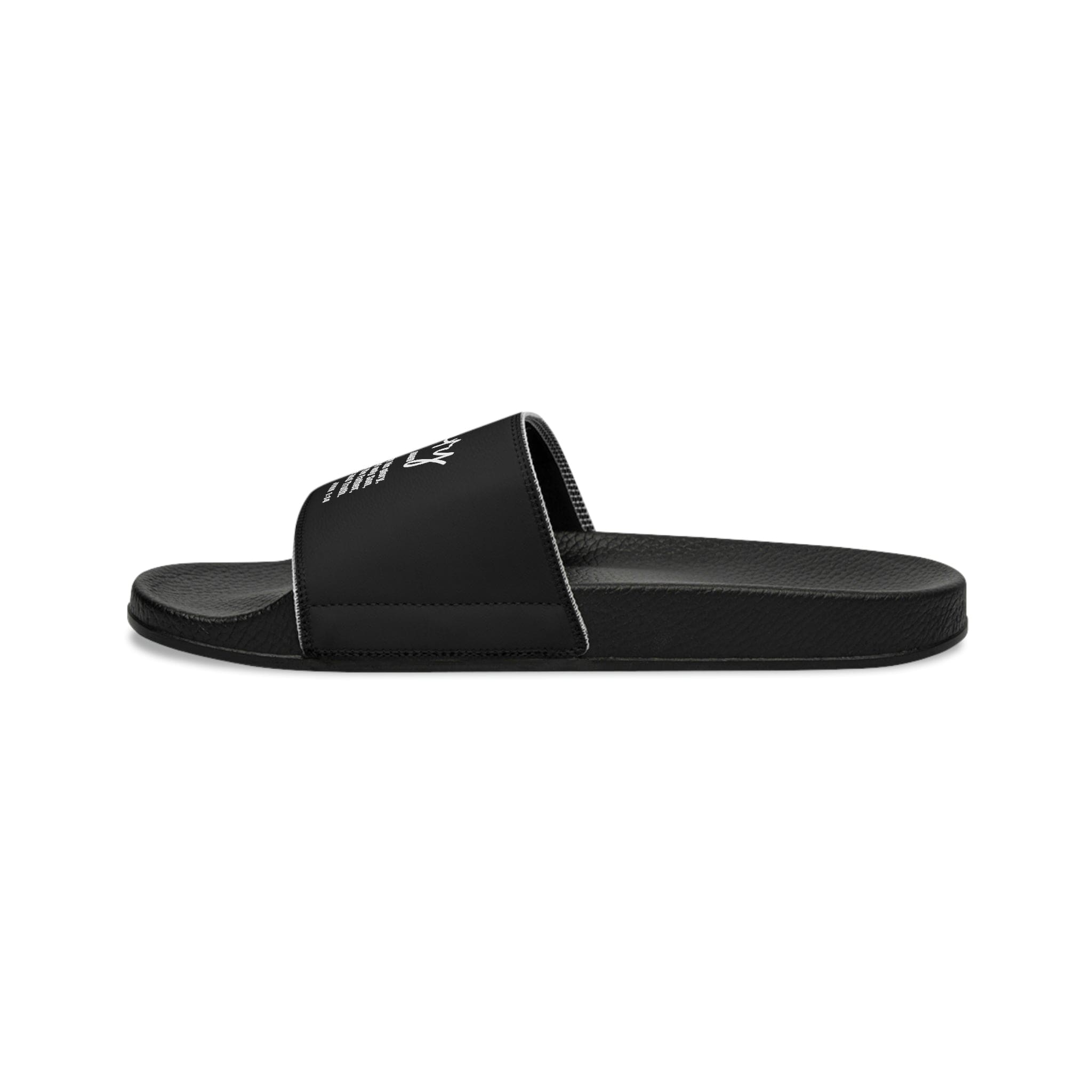 Men's black slide sandals featuring a comfortable slip-on design with a Christian inspirational touch, perfect for casual wear.