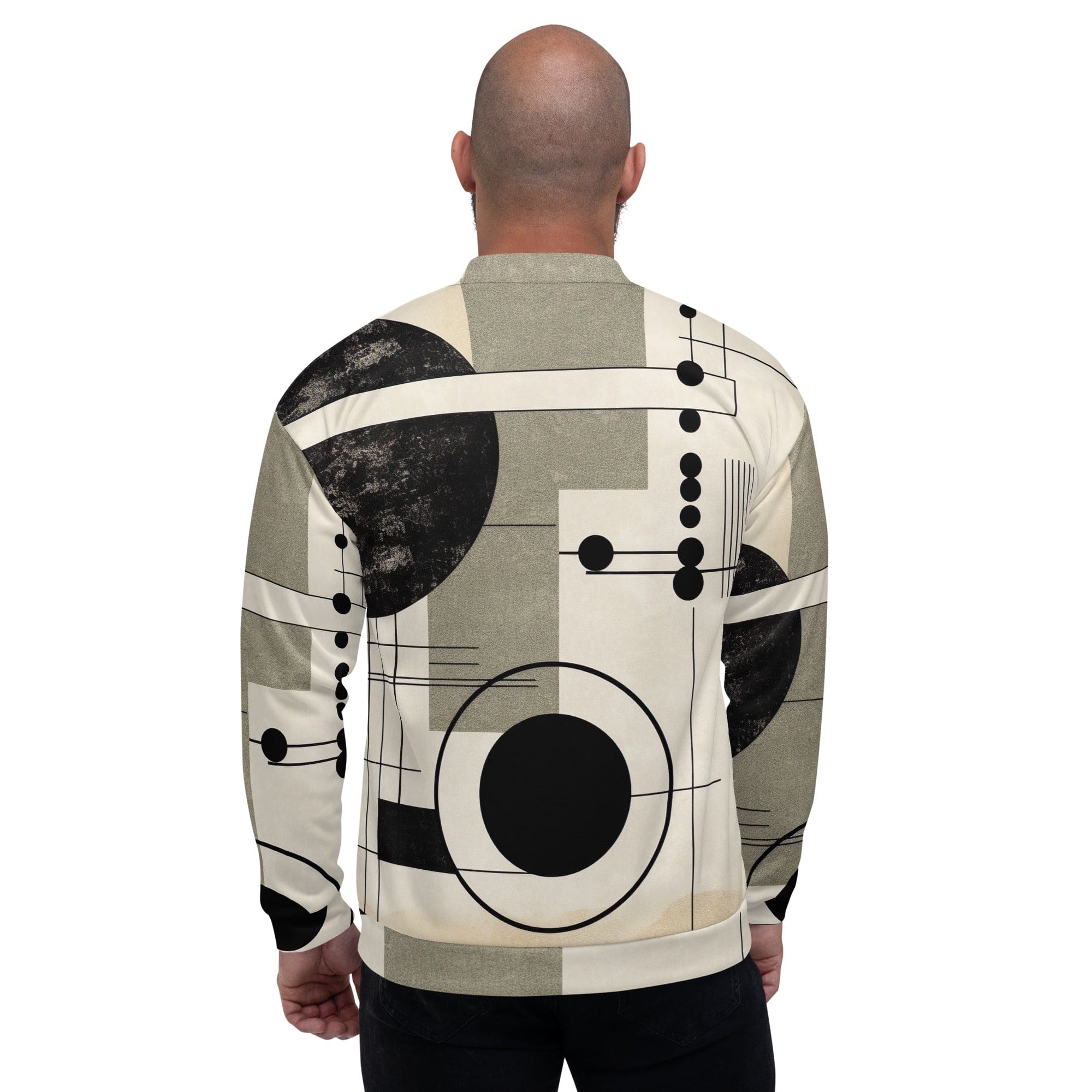 Men's bomber jacket featuring abstract black, beige, and brown geometric shapes, designed for style and comfort.