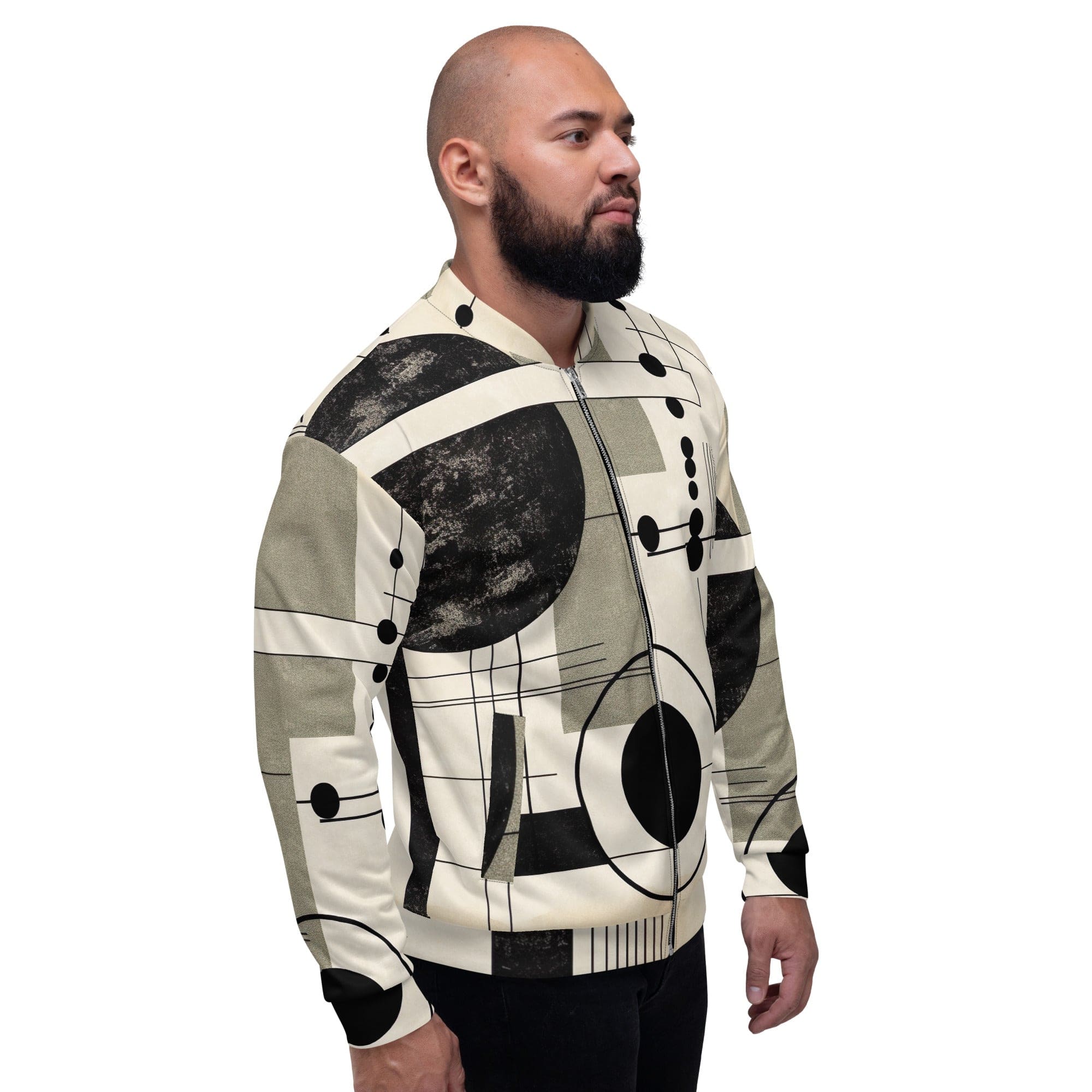 Men's bomber jacket featuring abstract black, beige, and brown geometric shapes, designed for style and comfort.