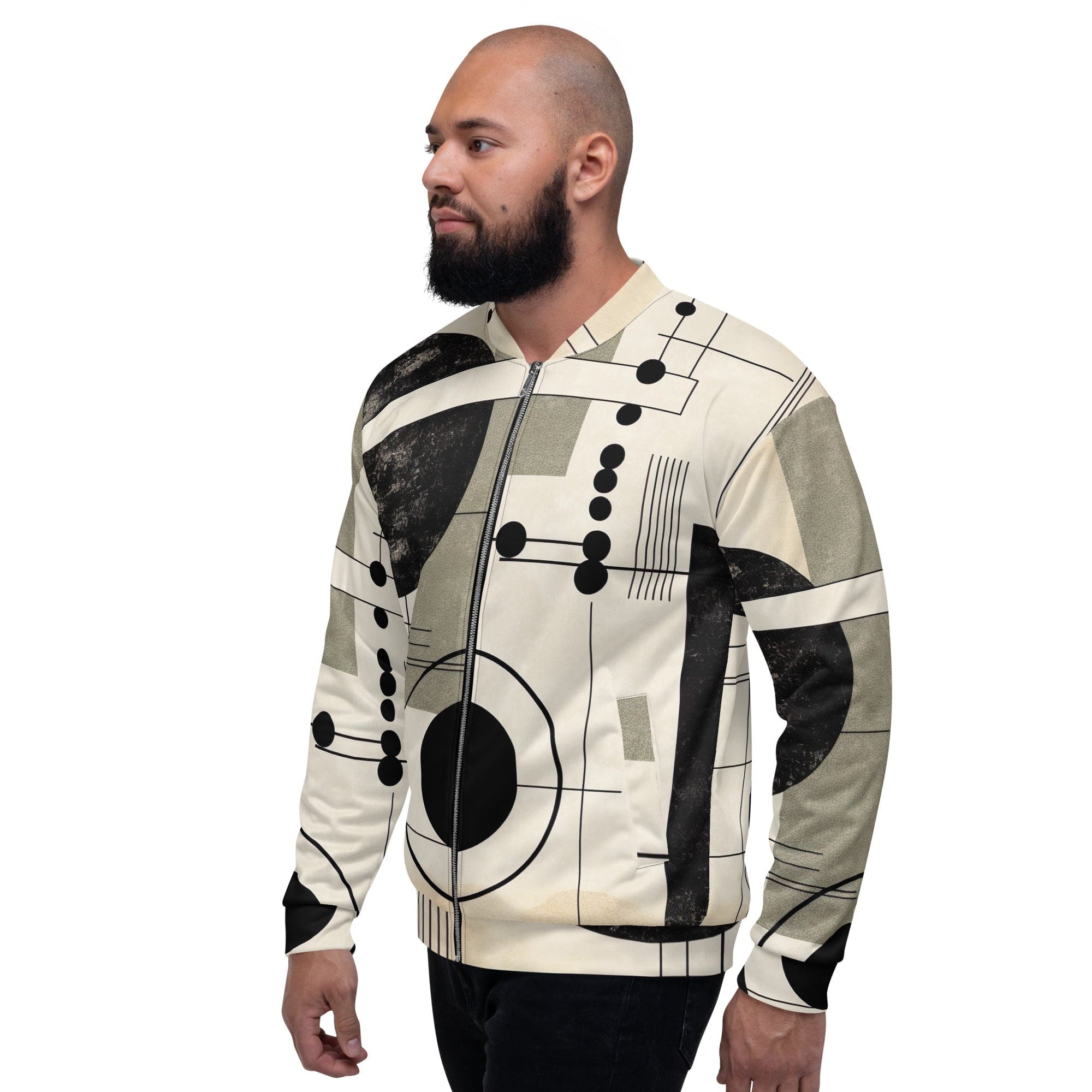 Men's bomber jacket featuring abstract black, beige, and brown geometric shapes, designed for style and comfort.