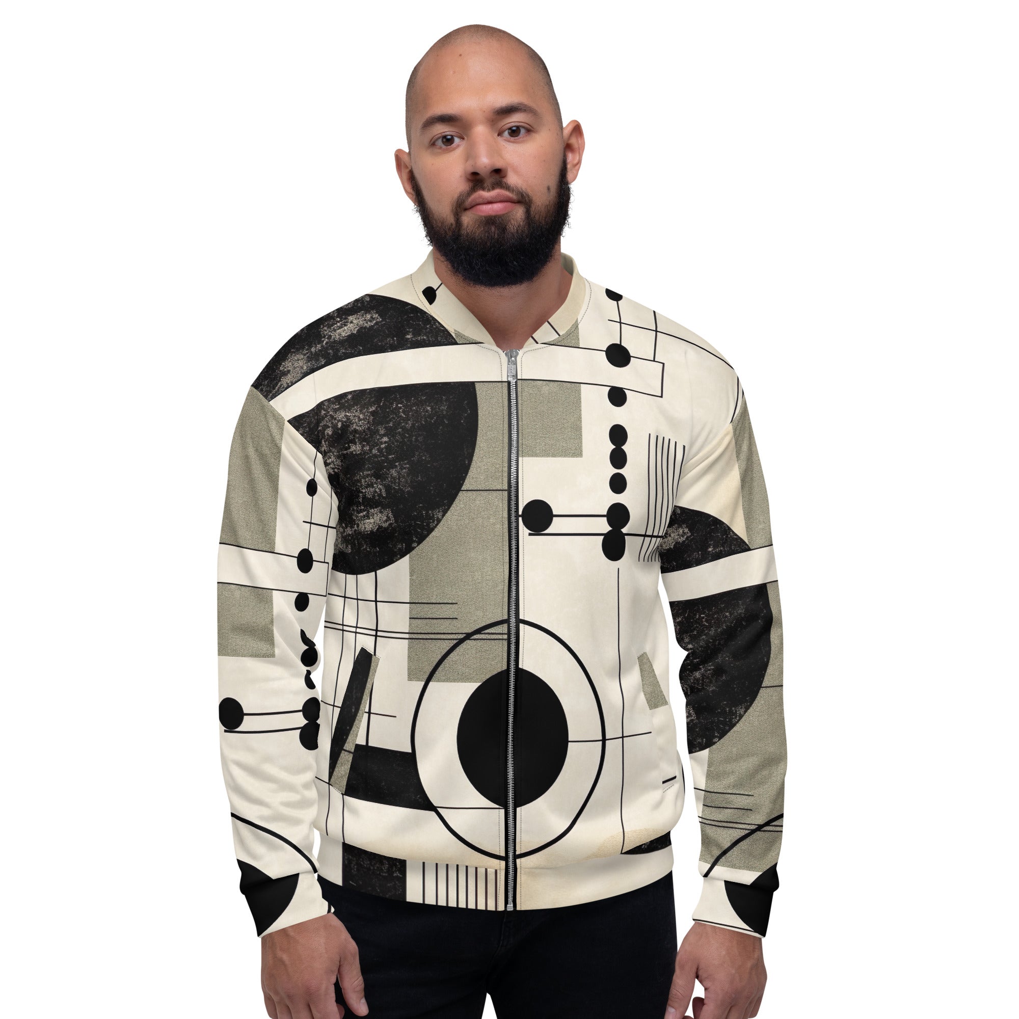 Men's bomber jacket featuring abstract black, beige, and brown geometric shapes, designed for style and comfort.