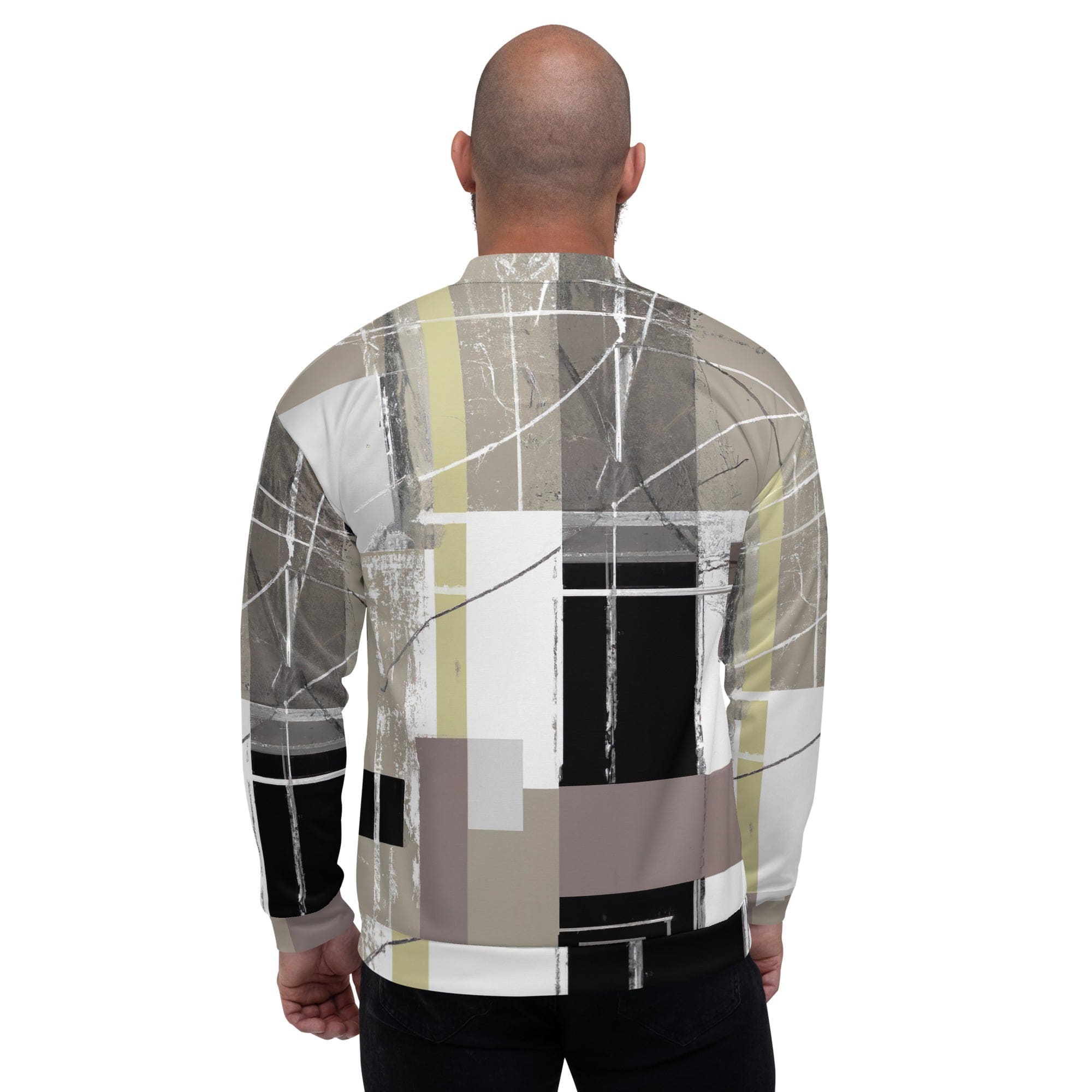 Men's bomber jacket featuring abstract brown geometric shapes, zip-front closure, ribbed cuffs, and multiple pockets for essentials.