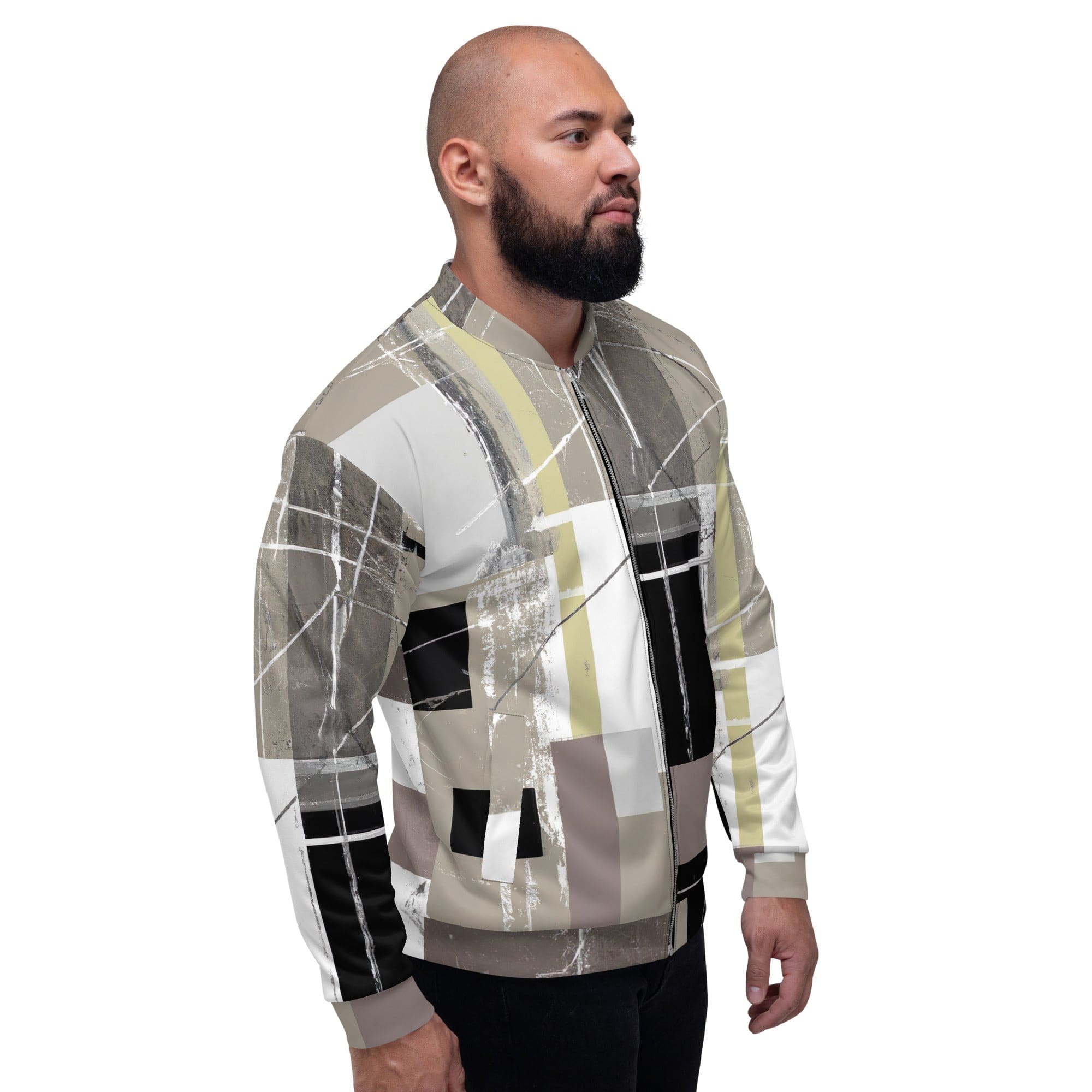 Men's bomber jacket featuring abstract brown geometric shapes, zip-front closure, ribbed cuffs, and multiple pockets for essentials.