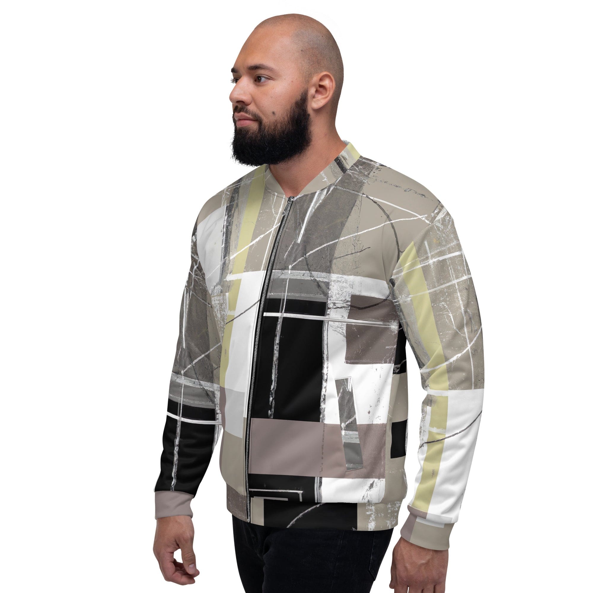 Men's bomber jacket featuring abstract brown geometric shapes, zip-front closure, ribbed cuffs, and multiple pockets for essentials.