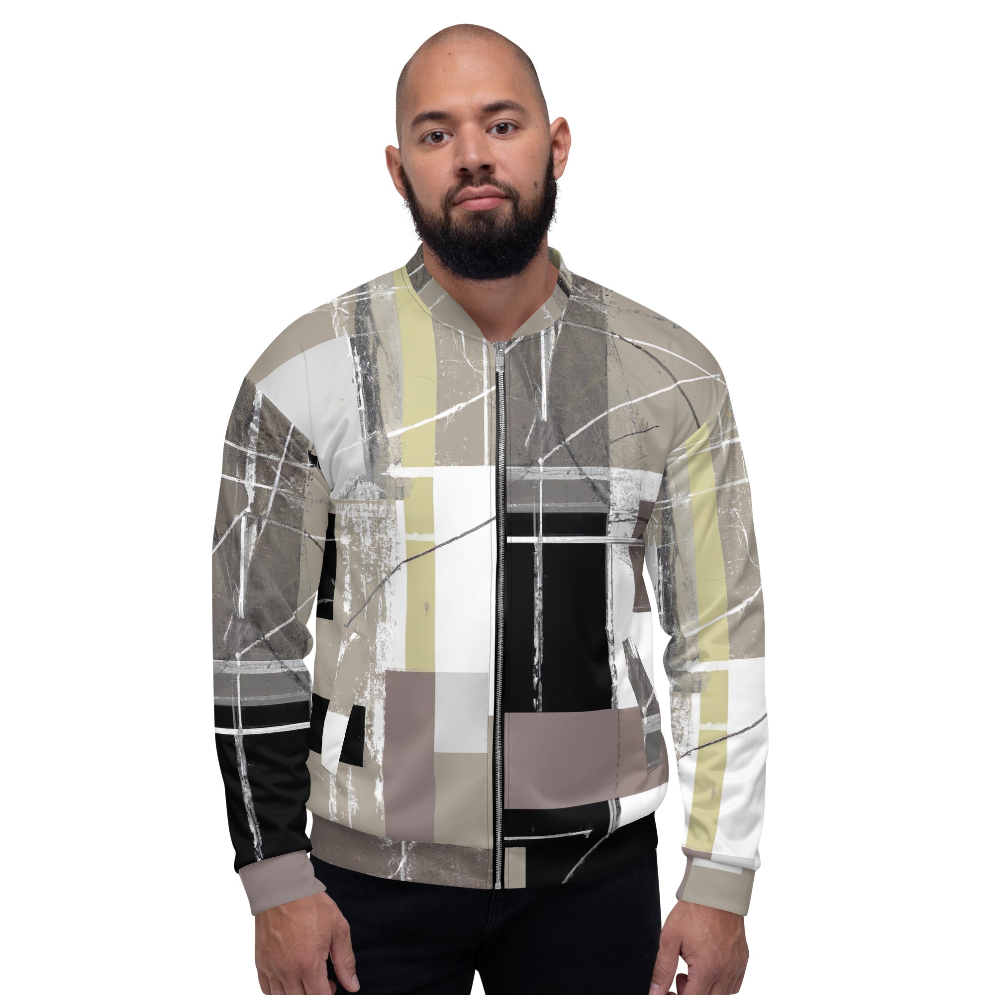 Men's bomber jacket featuring abstract brown geometric shapes, zip-front closure, ribbed cuffs, and multiple pockets for essentials.