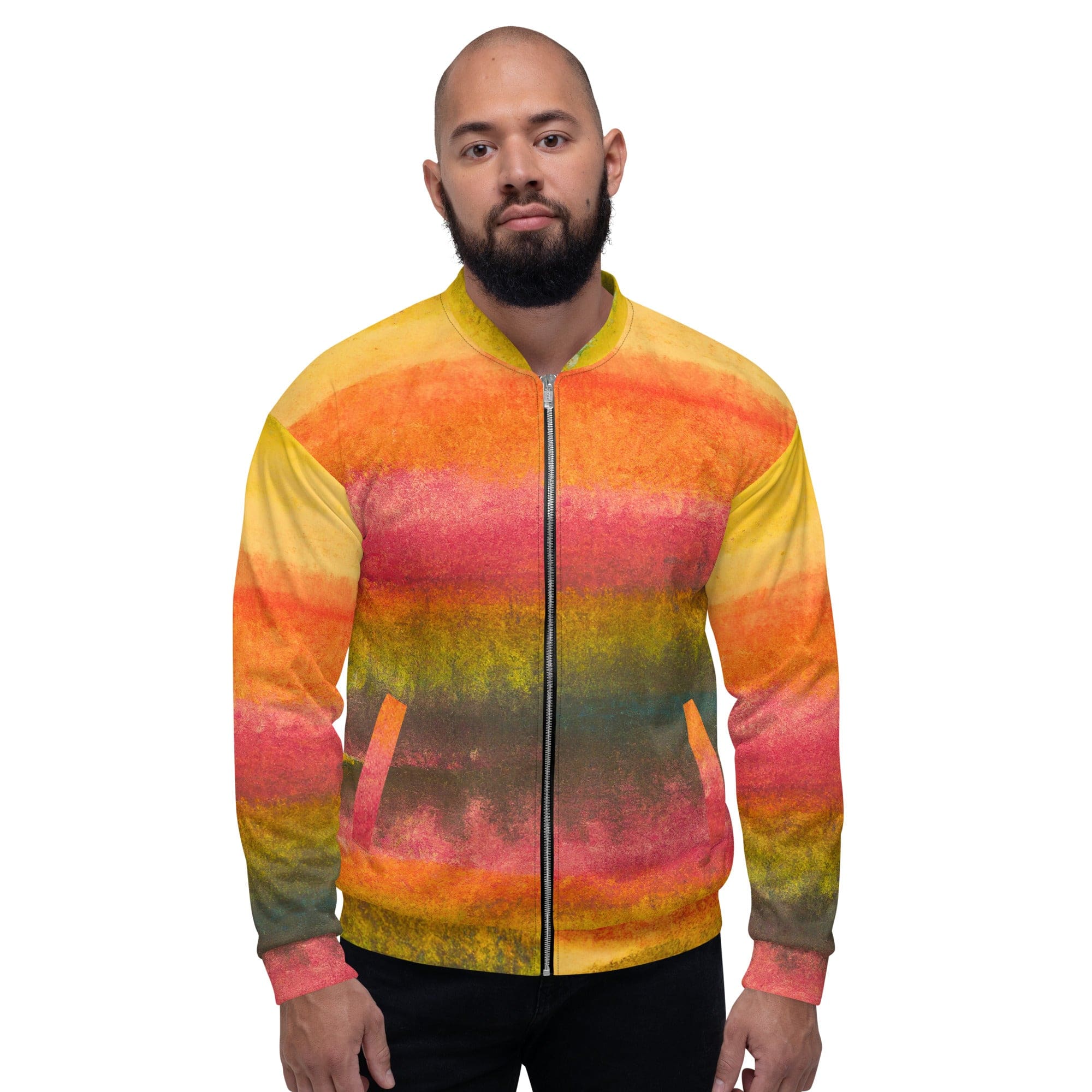 Men's bomber jacket featuring an autumn watercolor abstract print, showcasing vibrant colors and a stylish design.