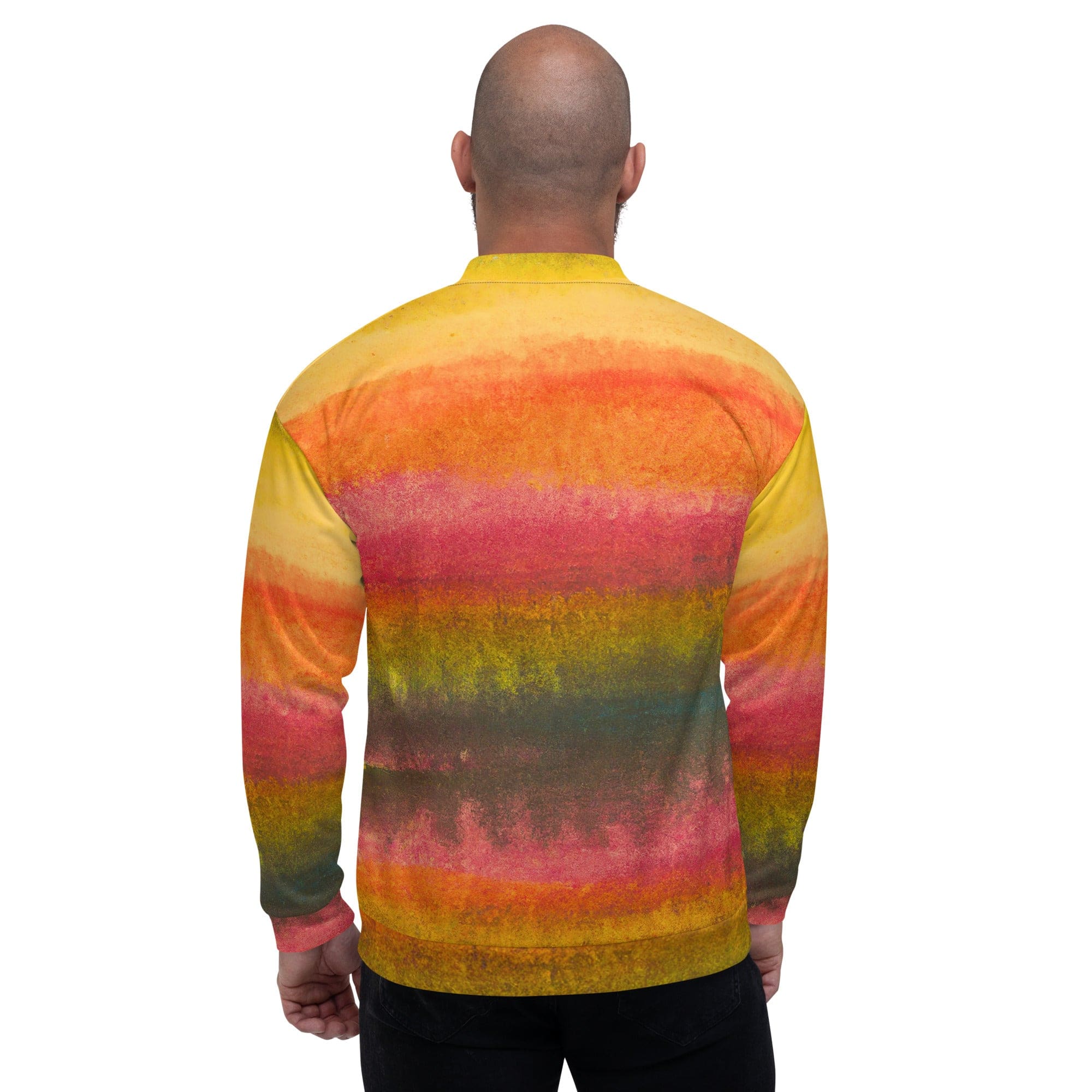 Men's bomber jacket featuring an autumn watercolor abstract print, showcasing vibrant colors and a stylish design.