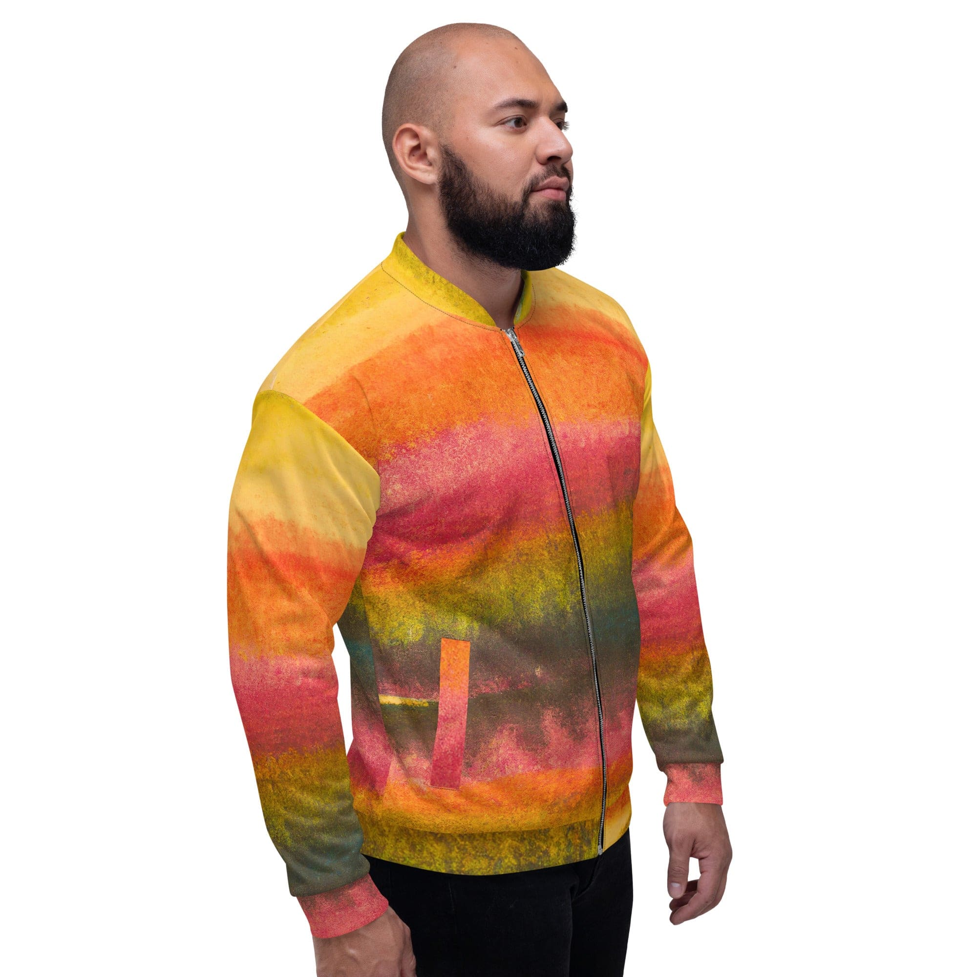 Men's bomber jacket featuring an autumn watercolor abstract print, showcasing vibrant colors and a stylish design.