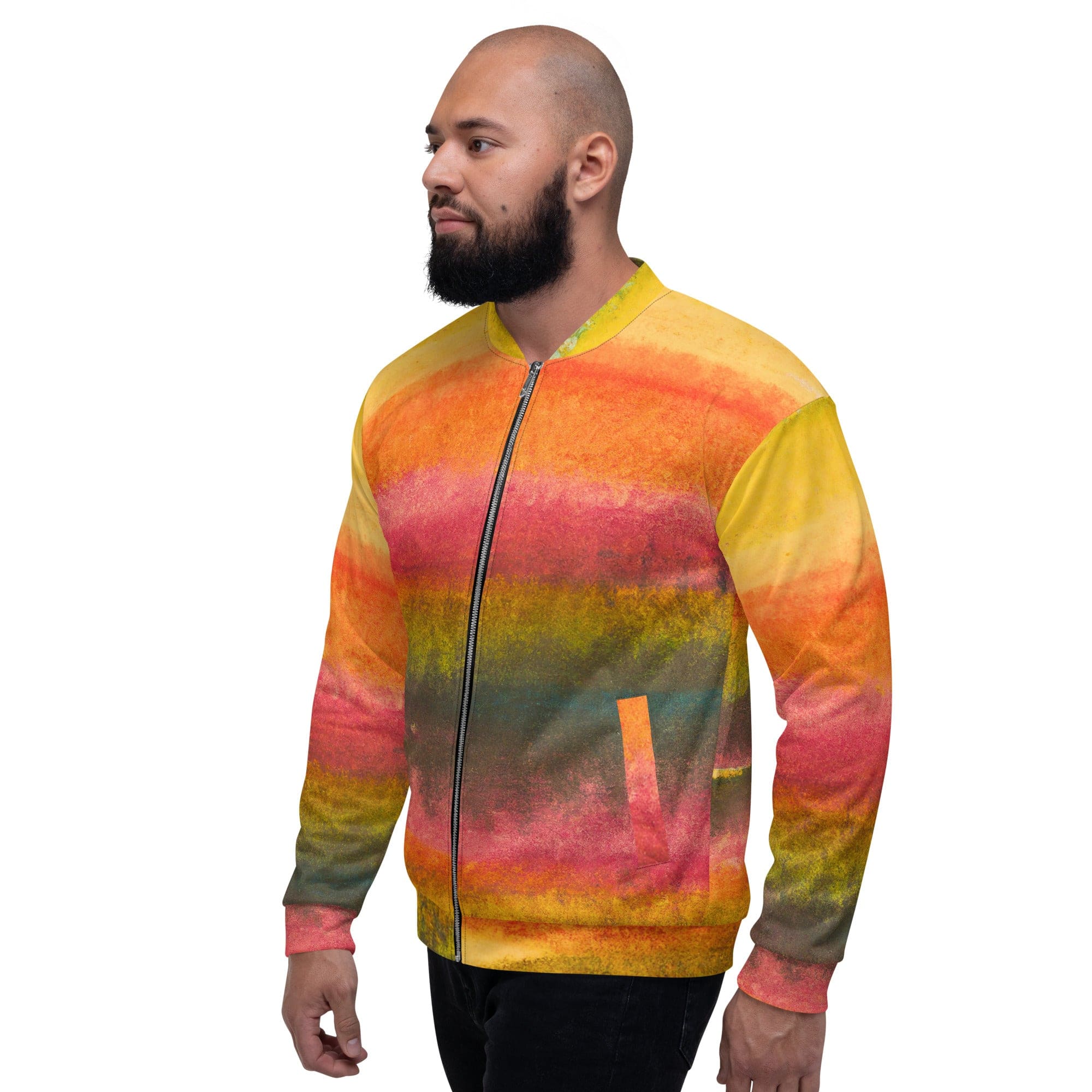 Men's bomber jacket featuring an autumn watercolor abstract print, showcasing vibrant colors and a stylish design.