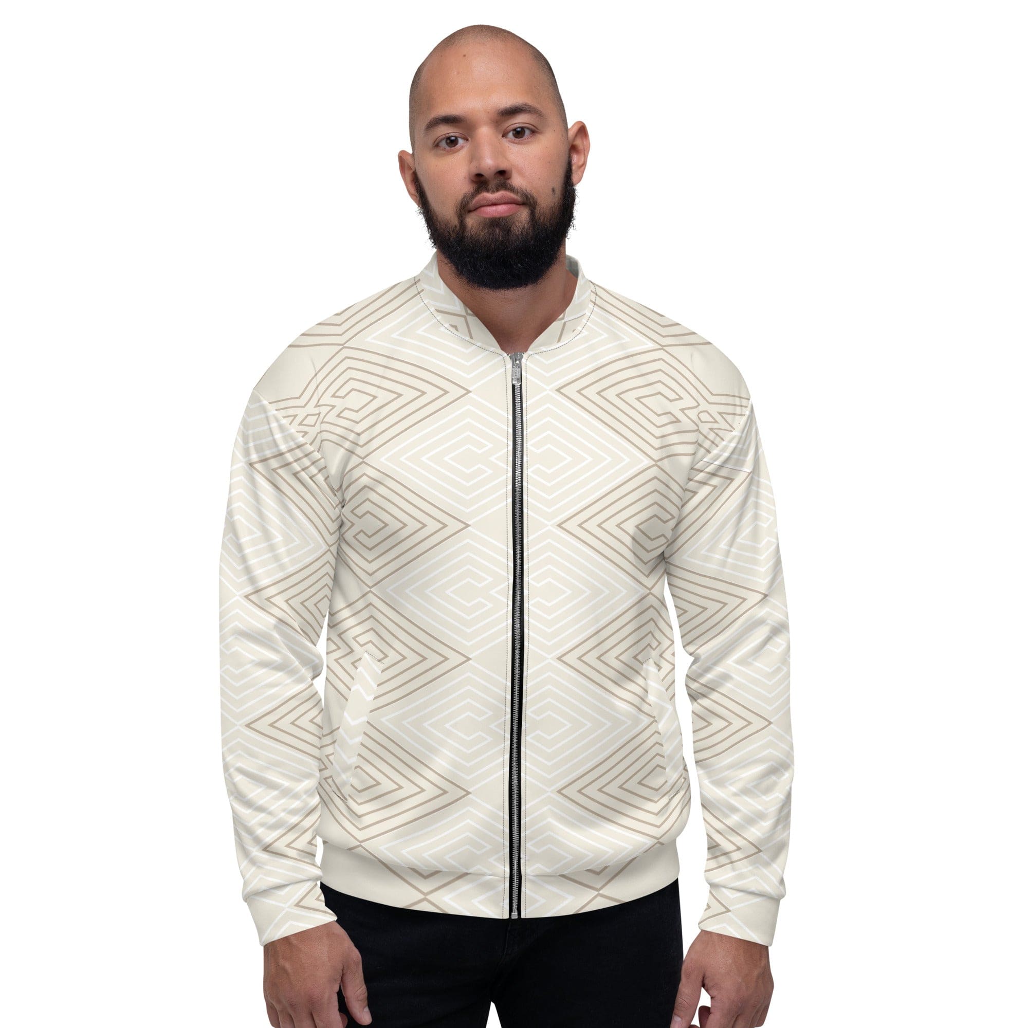 Men's bomber jacket featuring beige brown Aztec geometric lines, zip-front closure, and ribbed cuffs, perfect for stylish layering.