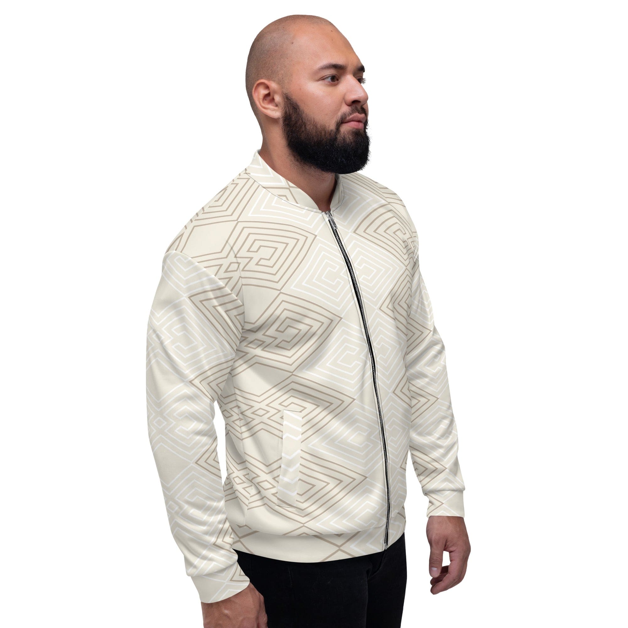 Men's bomber jacket featuring beige brown Aztec geometric lines, zip-front closure, and ribbed cuffs, perfect for stylish layering.