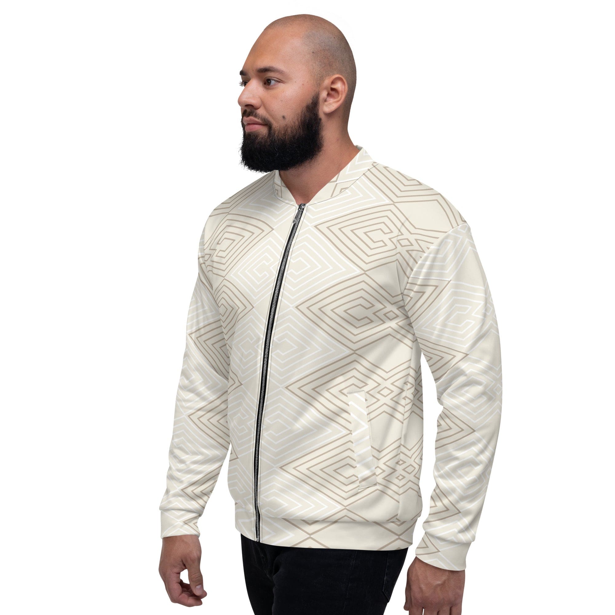 Men's bomber jacket featuring beige brown Aztec geometric lines, zip-front closure, and ribbed cuffs, perfect for stylish layering.