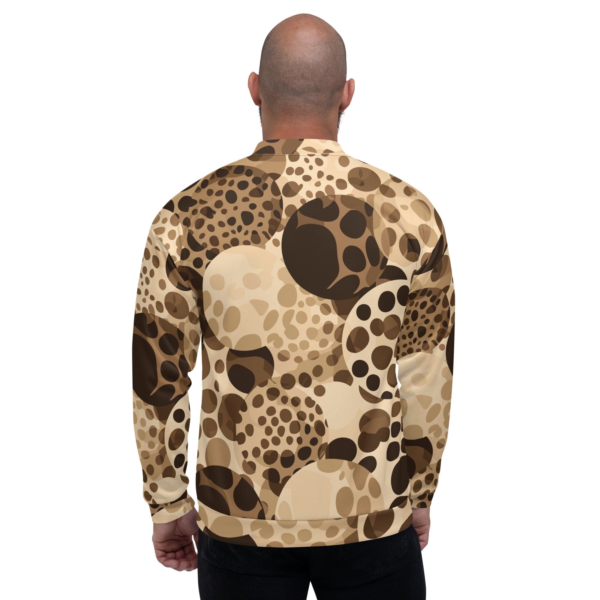 Men's bomber jacket in beige brown spotted print, featuring zip-front closure and ribbed cuffs, perfect for stylish layering.