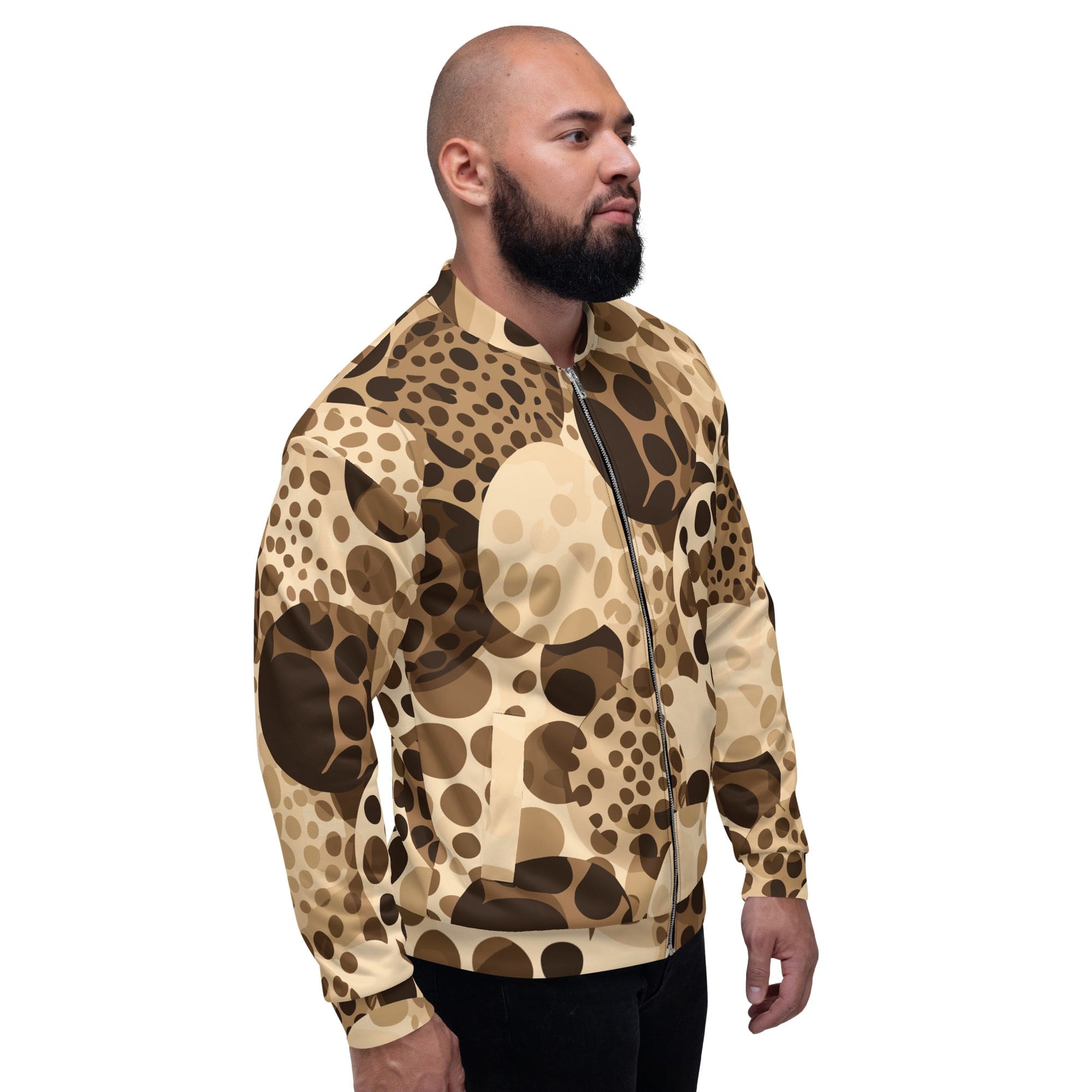 Men's bomber jacket in beige brown spotted print, featuring zip-front closure and ribbed cuffs, perfect for stylish layering.