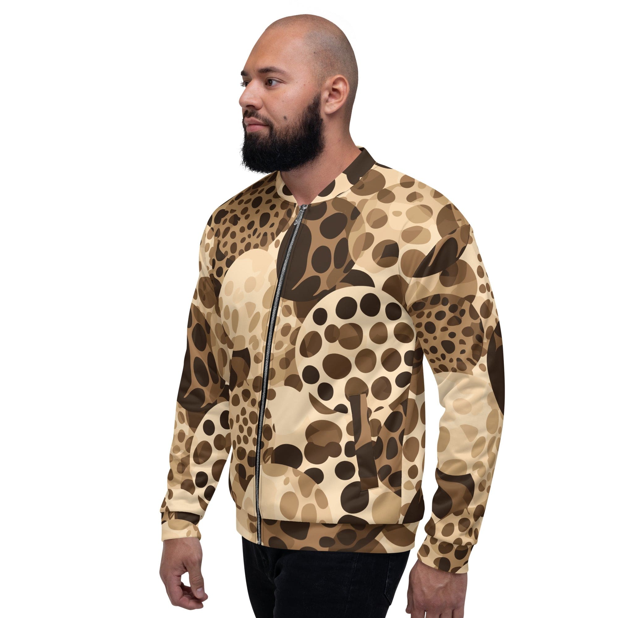 Men's bomber jacket in beige brown spotted print, featuring zip-front closure and ribbed cuffs, perfect for stylish layering.