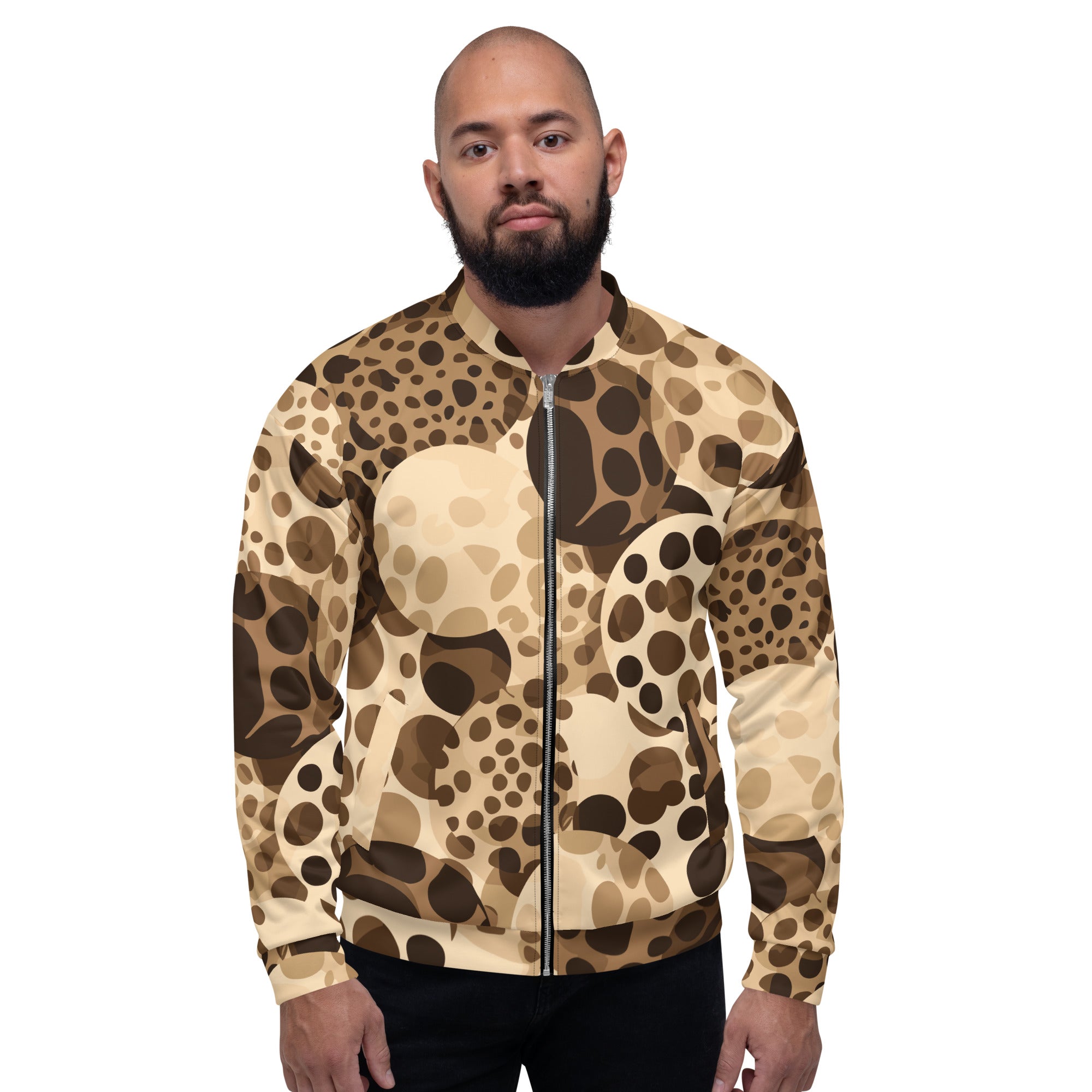 Men's bomber jacket in beige brown spotted print, featuring zip-front closure and ribbed cuffs, perfect for stylish layering.