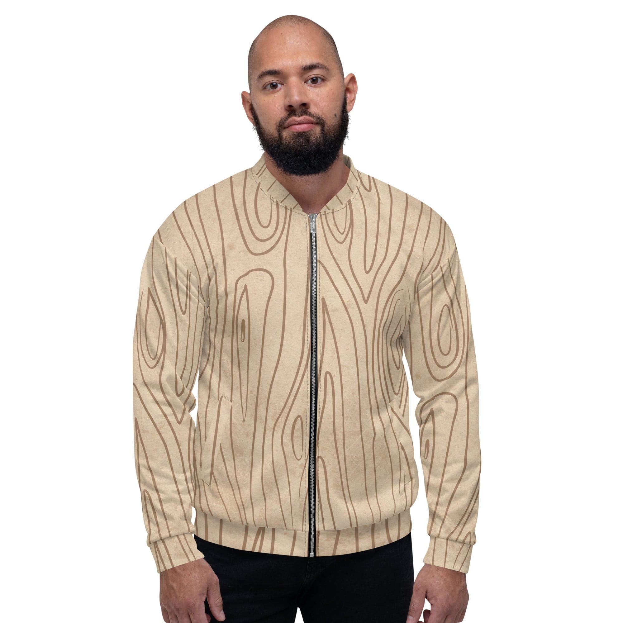 Mens Bomber Jacket featuring a beige brown tree sketch design, zip-front closure, and ribbed cuffs, perfect for stylish layering.