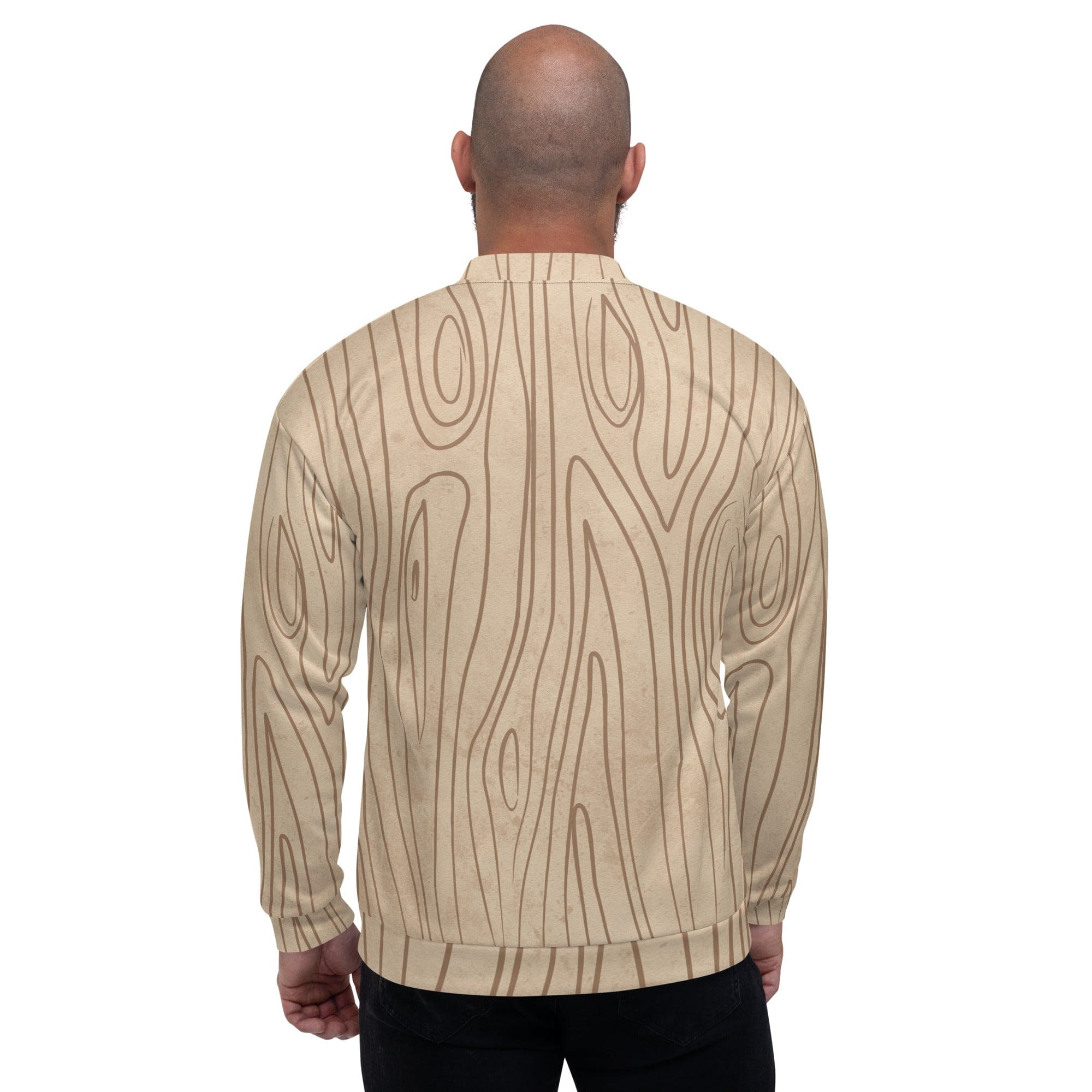 Mens Bomber Jacket featuring a beige brown tree sketch design, zip-front closure, and ribbed cuffs, perfect for stylish layering.