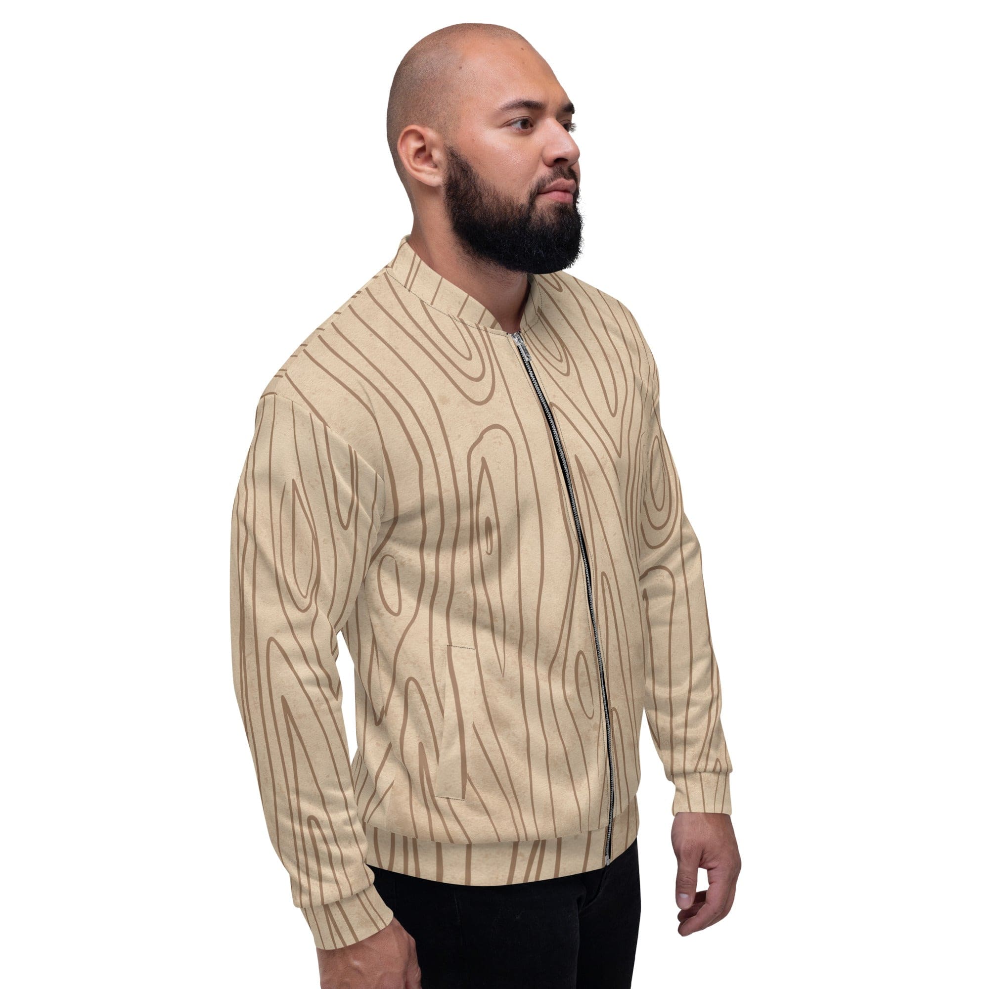 Mens Bomber Jacket featuring a beige brown tree sketch design, zip-front closure, and ribbed cuffs, perfect for stylish layering.