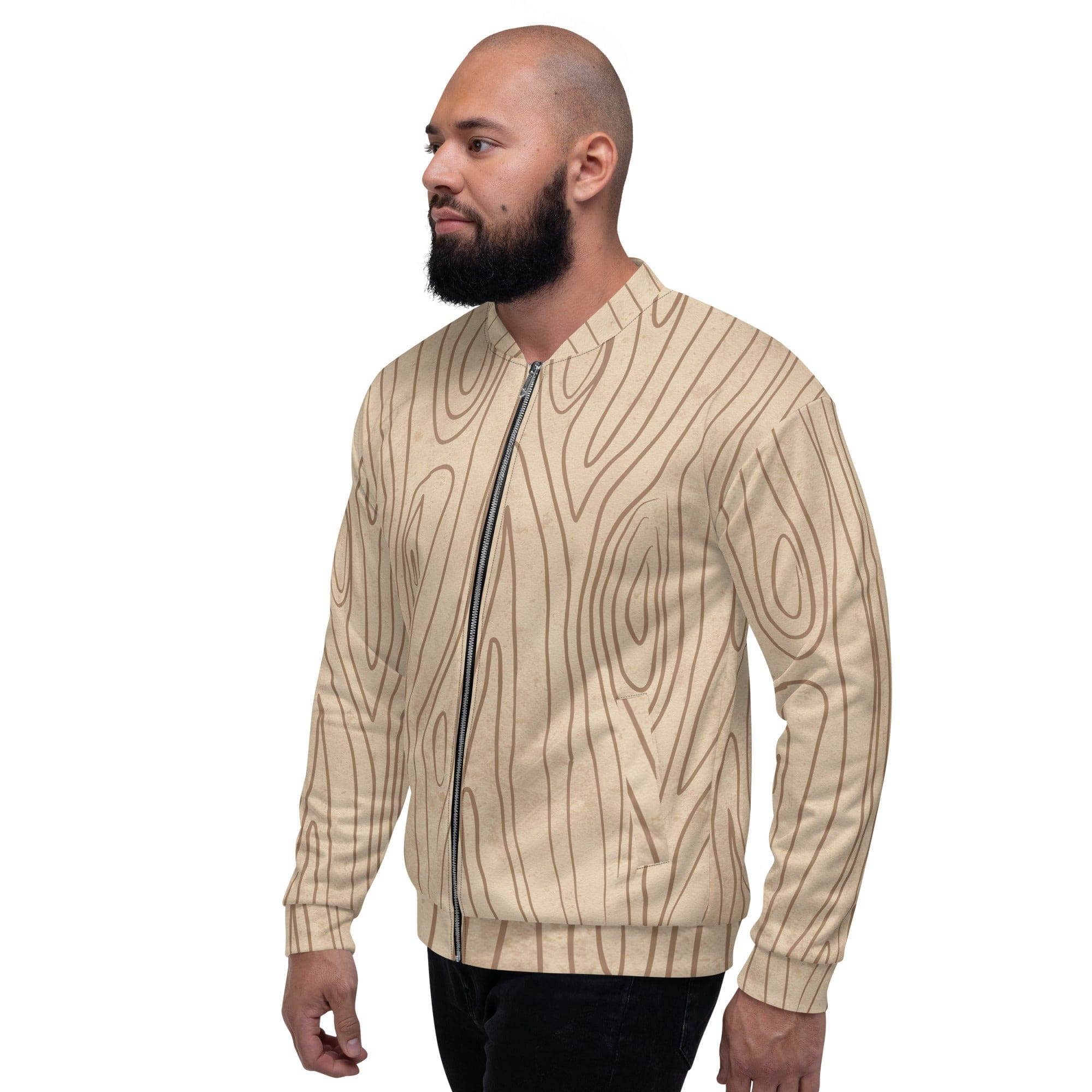 Mens Bomber Jacket featuring a beige brown tree sketch design, zip-front closure, and ribbed cuffs, perfect for stylish layering.